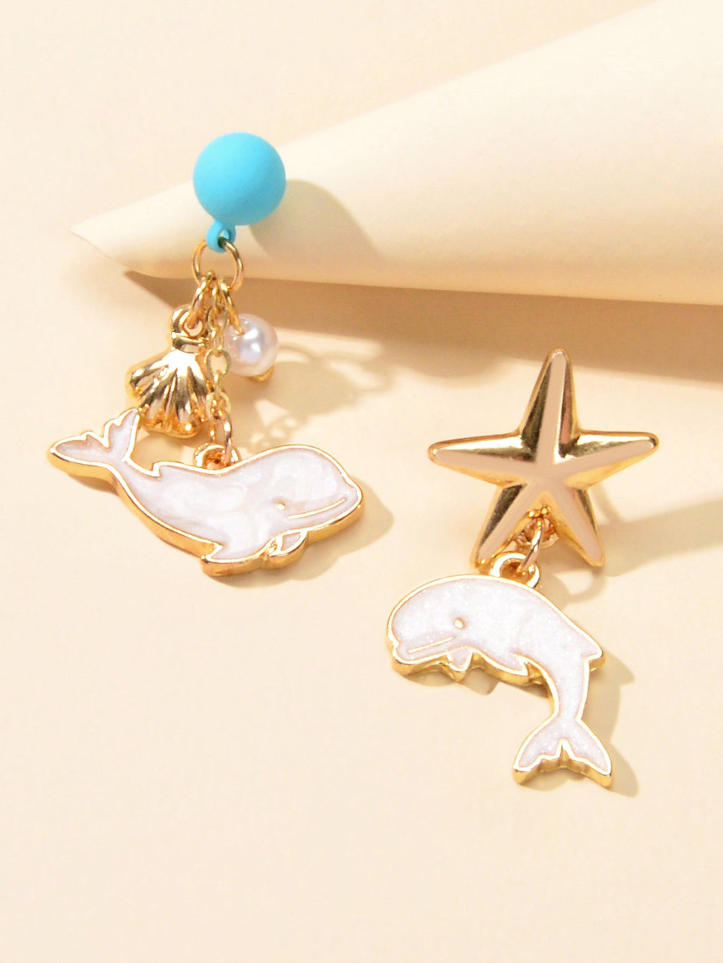 Nautical Jewelry Blue Beads Star Shell Dolphin Asymmetric Dangle Ocean Earrings