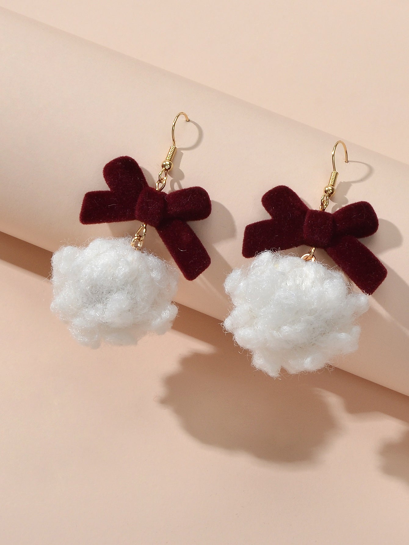 Sweet Winered Velvet Bowknot White Ball Cotton Dangle Earrings Girls Dainty Gift
