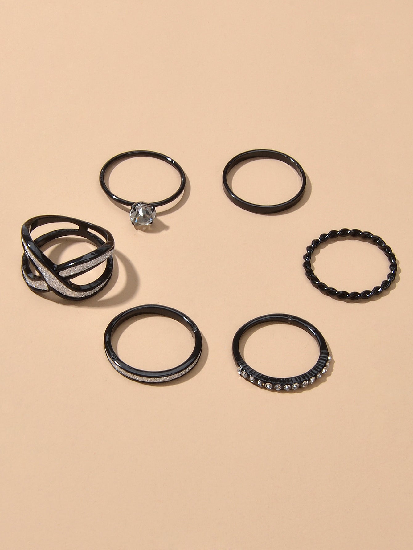 6pcs Stackable Rhinestone Black Midi Finger Knuckle Rings set Wedding Party Wear-1