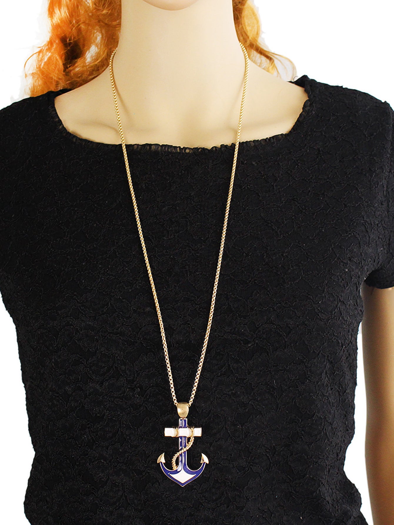 Nautical Jewelry Long Chain White Blue Anchor Pendant Necklace Ocean Accessories