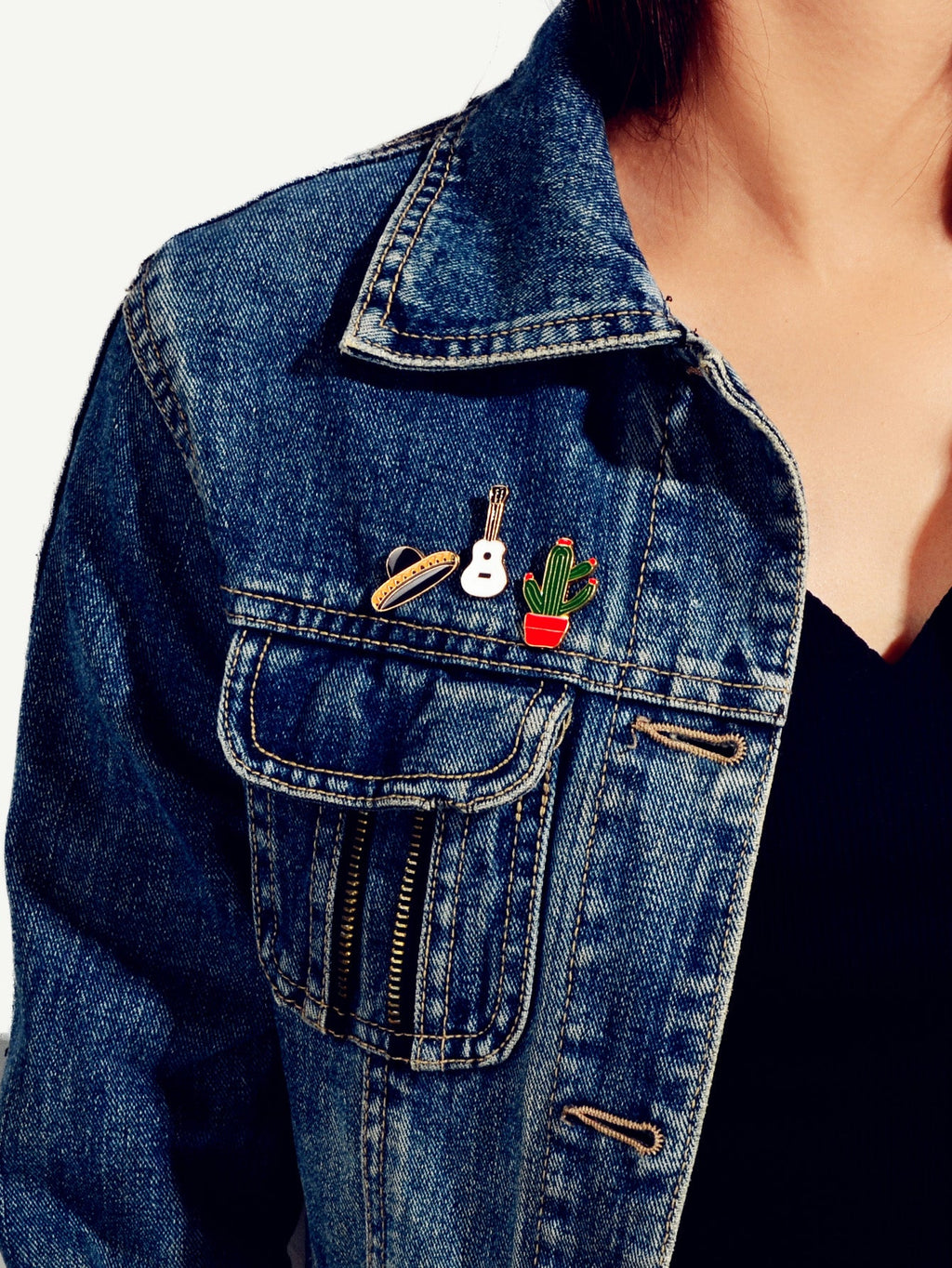 3 pcs Enamel Pin Set Lovely Guitar Cap Cactus Brooch Pins Decorative Lapel Badge-1