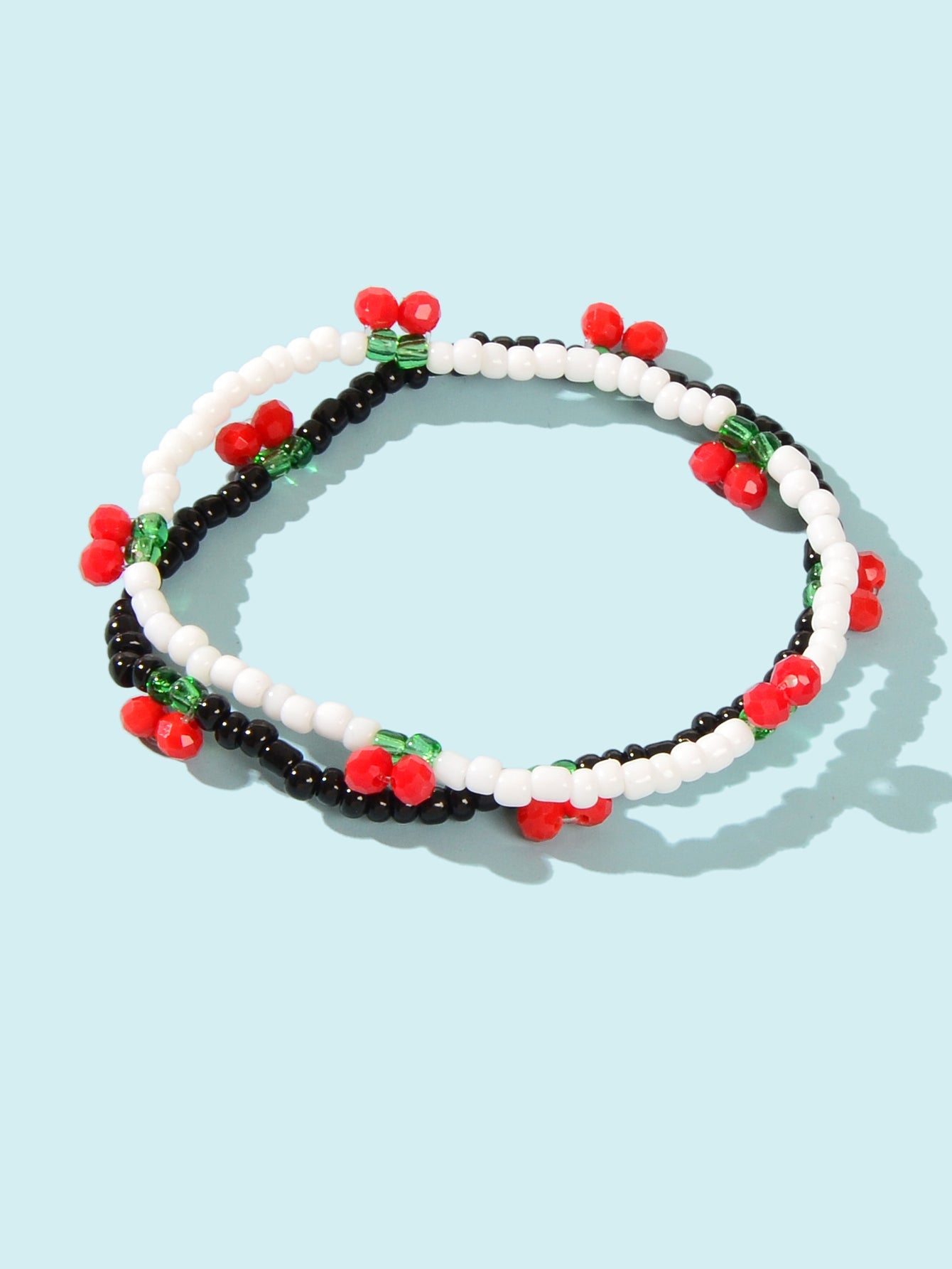 Boho 2 pcs Stackable White Black Seed Beads Stretch Elastic Red Cherry Bracelets-1
