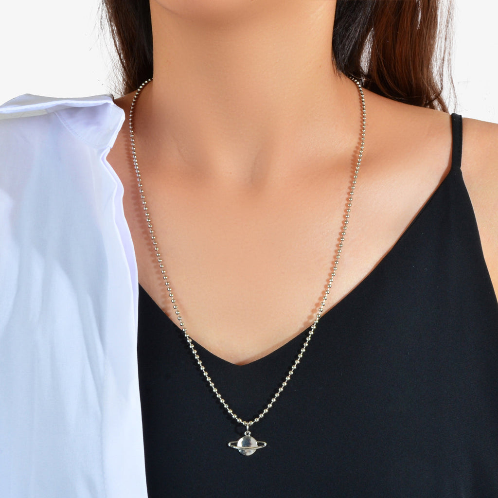 Unique Long Silver Popcorn Chain Planet Pendant Necklace Party Women Decoration-0