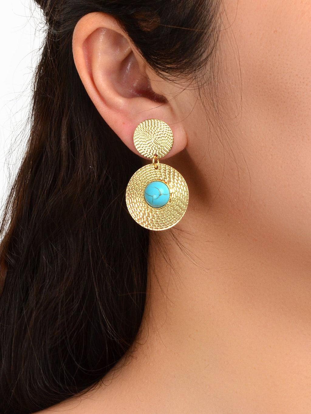Bohemian Ethnic Style Turquoise Gold Round Disc Big Statement Vacation Earrings-1