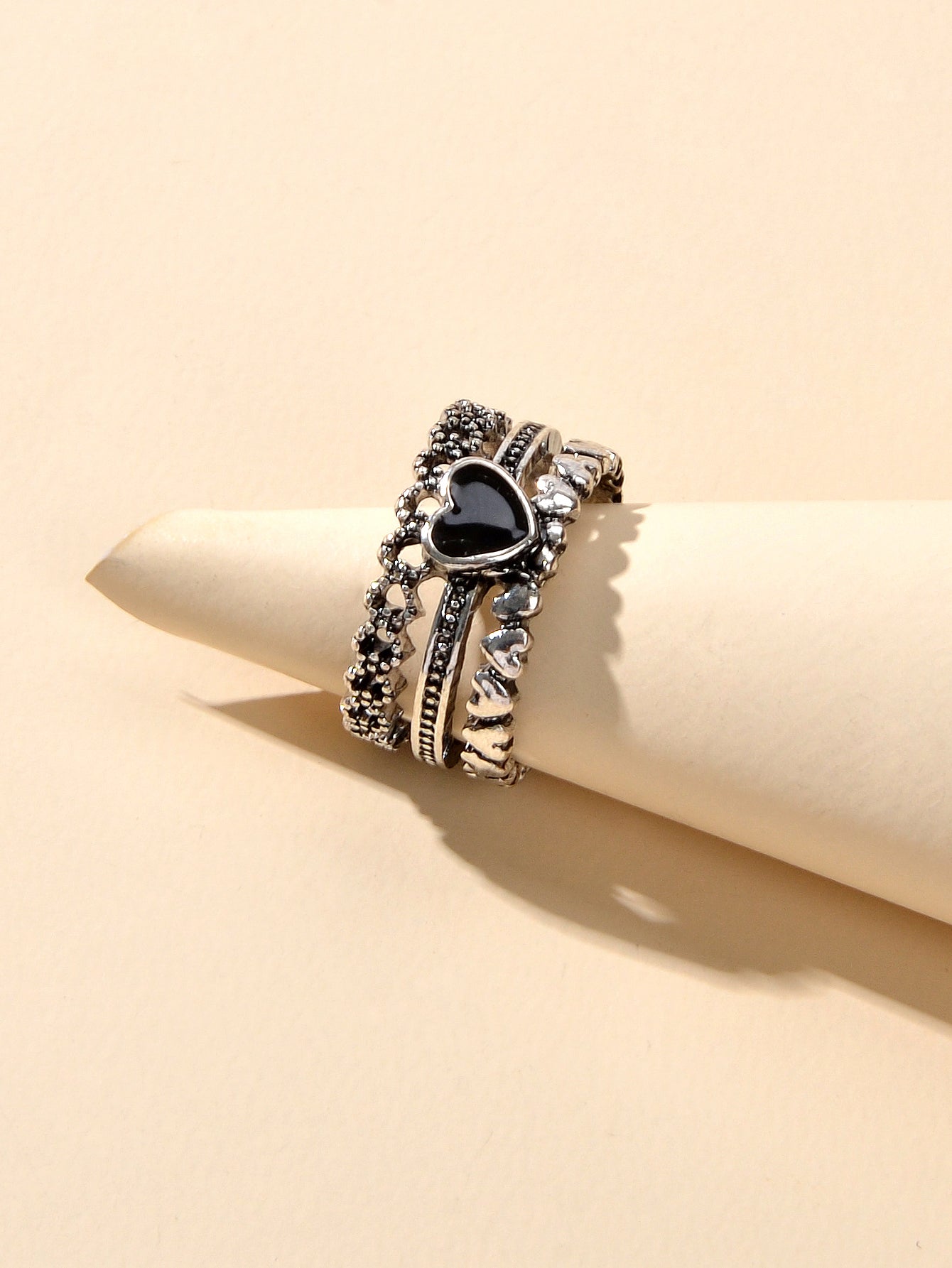 Vintage Antique Silver Black Enamel Love Heart Oxidized Intricate Stackable Ring