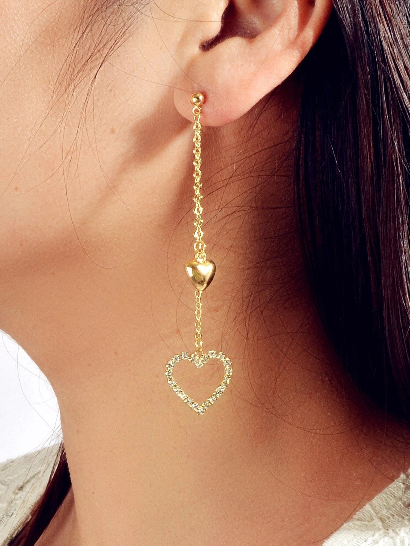 Rhinestone Gold Colour Chain Love Heart Charm Long Tassel Earrings Lover Gift-1