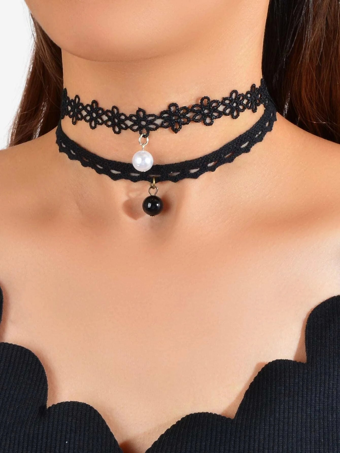Black Elastic 4pcs Lace Flower Boho Gothic 90s Tattoo Choker Triangle Collar-1