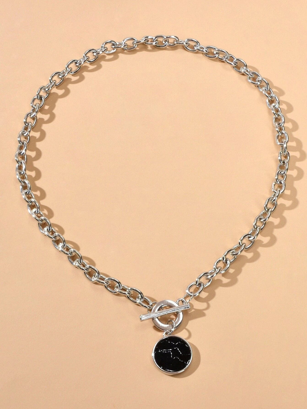 Punk Jewelry Chunky Silver Chain Black Marble Round Pendant Necklace Accessories-1