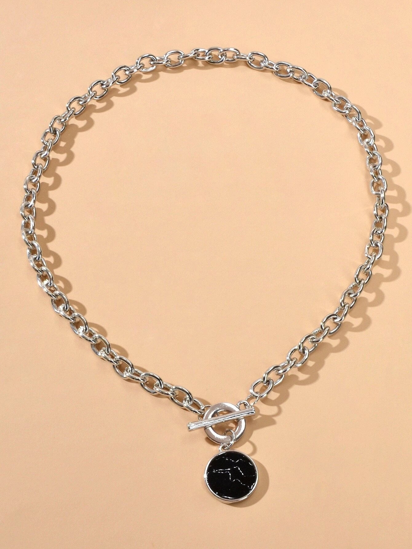 Punk Jewelry Chunky Silver Chain Black Marble Round Pendant Necklace Accessories-1