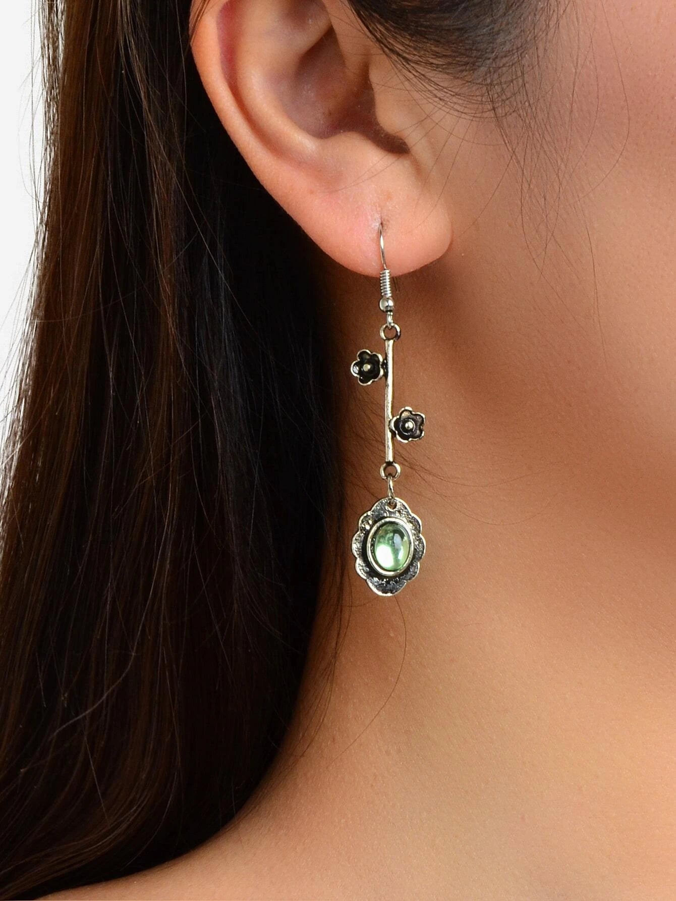 Green Blue Crystal Antique Silver Retro Flower Asymmetric Earrings Vintage Gift
