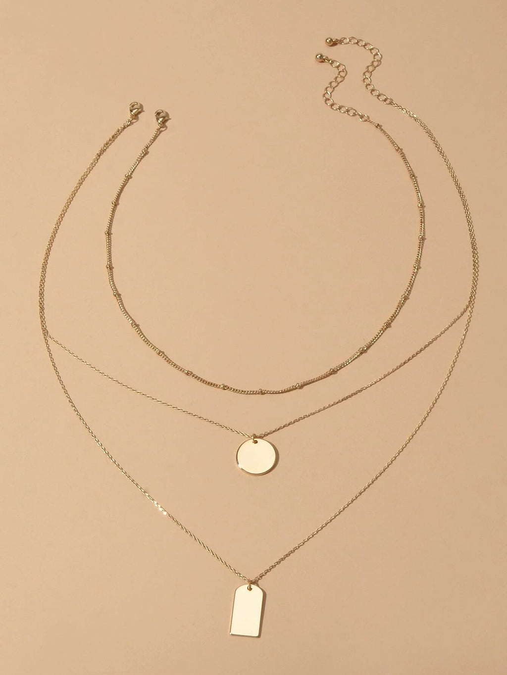 3pcs Multi-layer Gold Tone Chain Round Square Pendant Necklace Girls Teens Gift-2