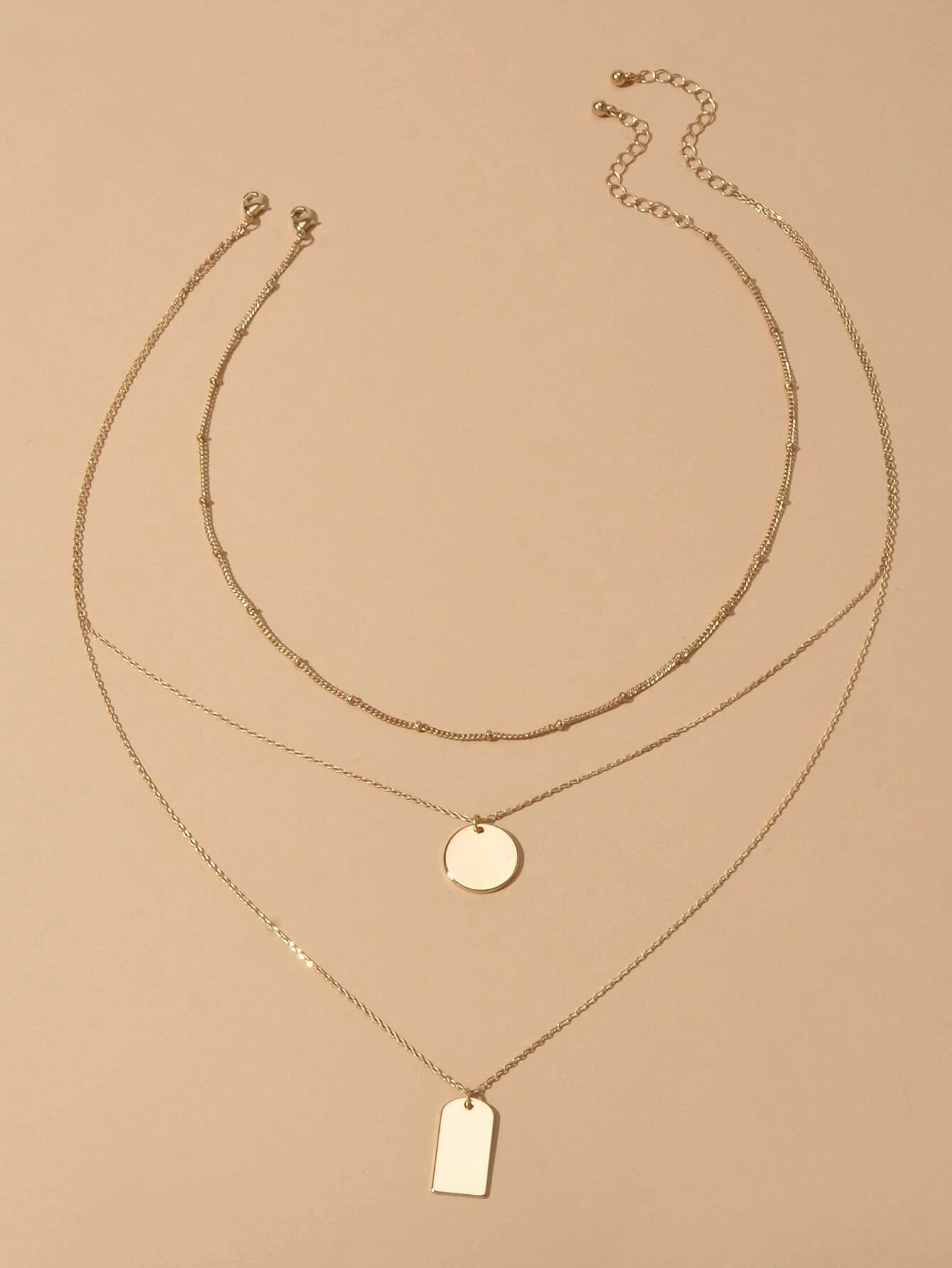 3pcs Multi-layer Gold Tone Chain Round Square Pendant Necklace Girls Teens Gift-2