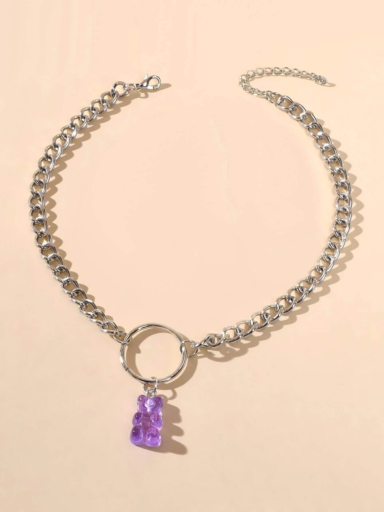 Lovely Jewellery Silver Chain Circle Purple Bear Pendant Necklace Accessories