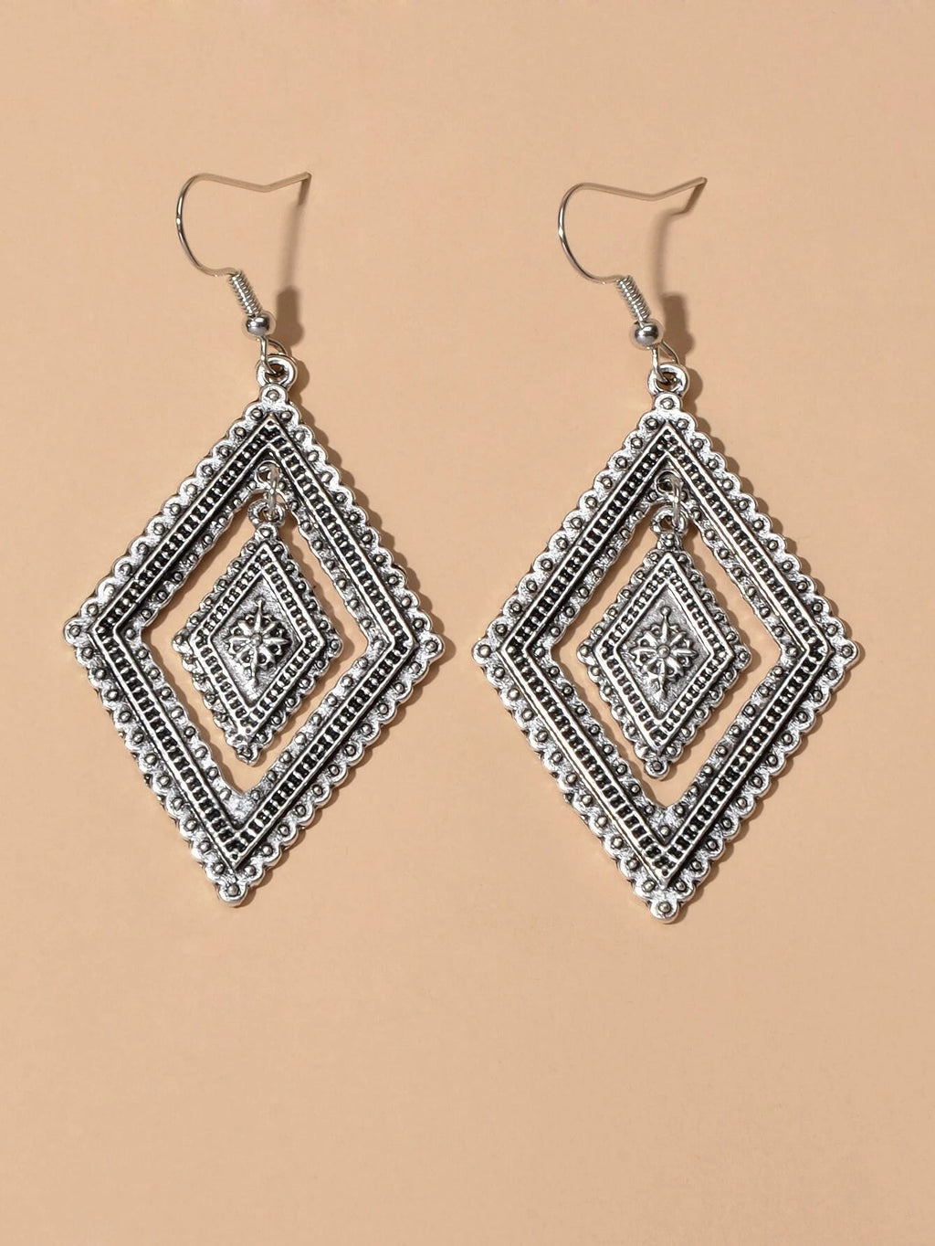 Tribal Ethnic Vintage Women Antique Silver Rhombus Geometric Dangle Earrings-2