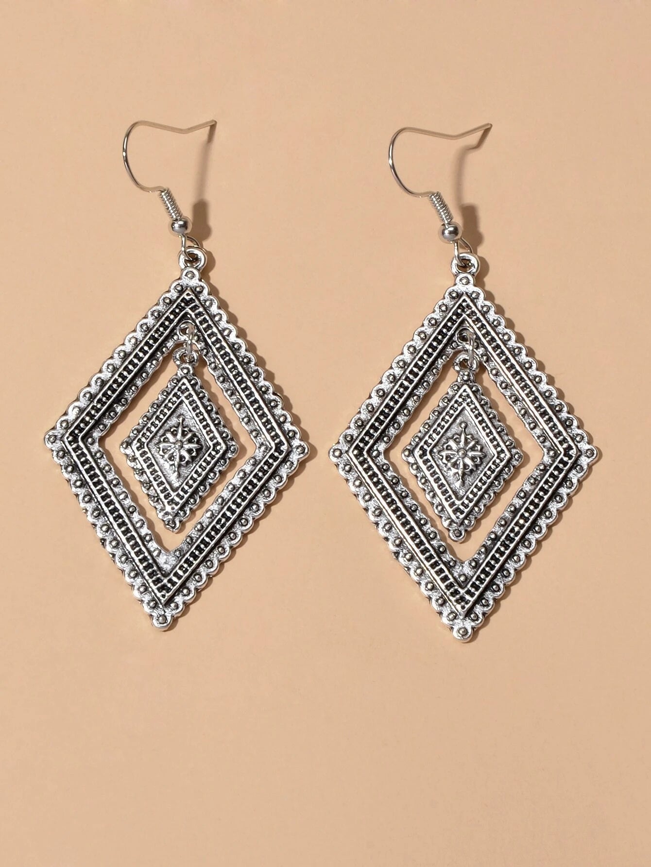 Tribal Ethnic Vintage Women Antique Silver Rhombus Geometric Dangle Earrings-2