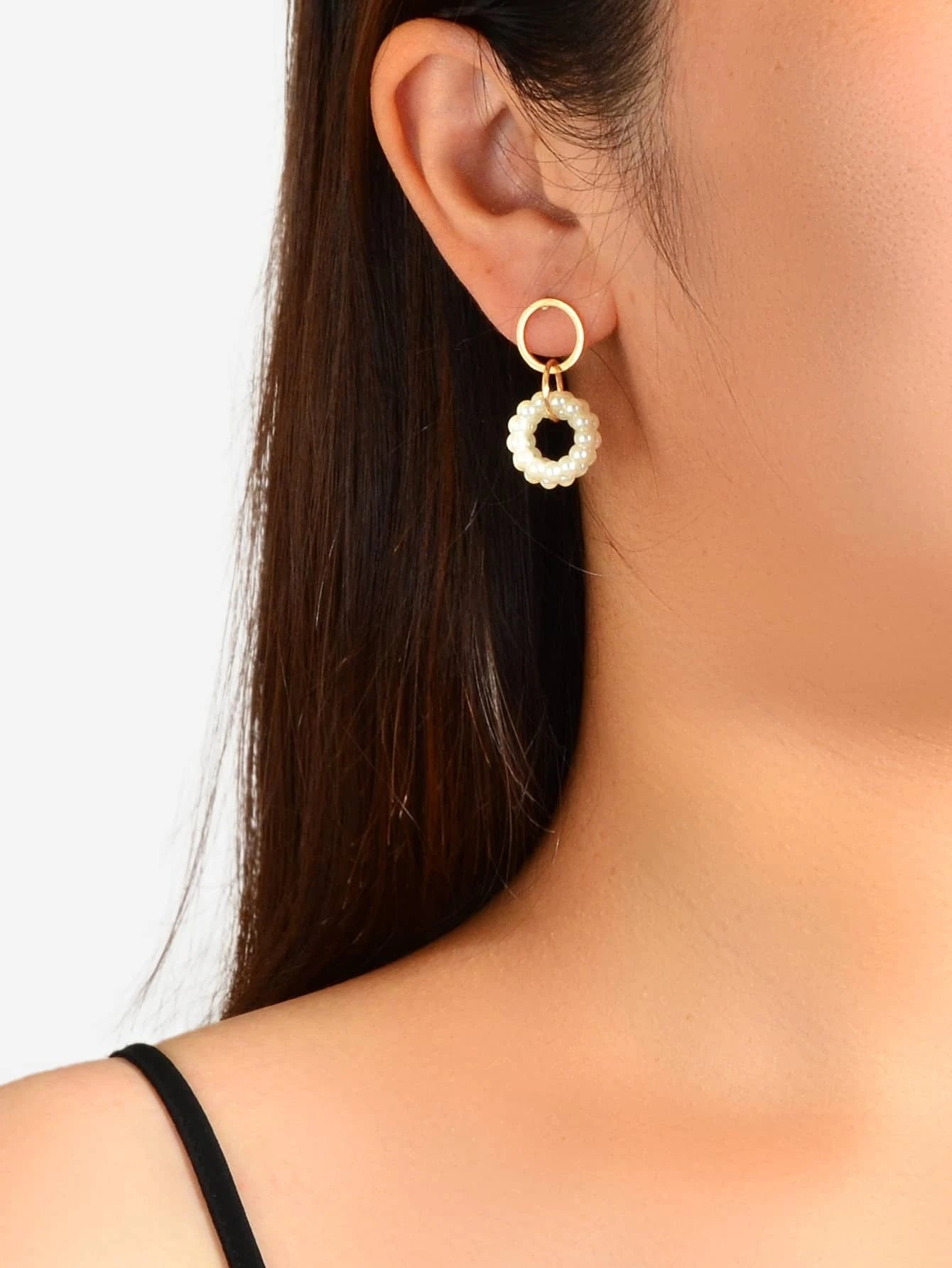 Pearl Decor Circle Dangle Drop Classical Earrings Ladies Girls Teens Hoop Stud-1