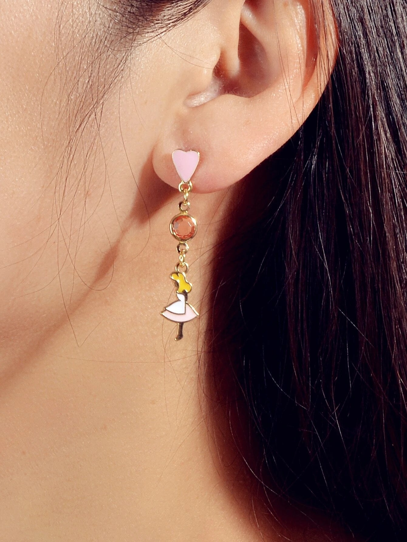 Cartoon Pink Heart Clock Dancer Asymmetric Drop Earrings Women Girls Dainty Gift-1