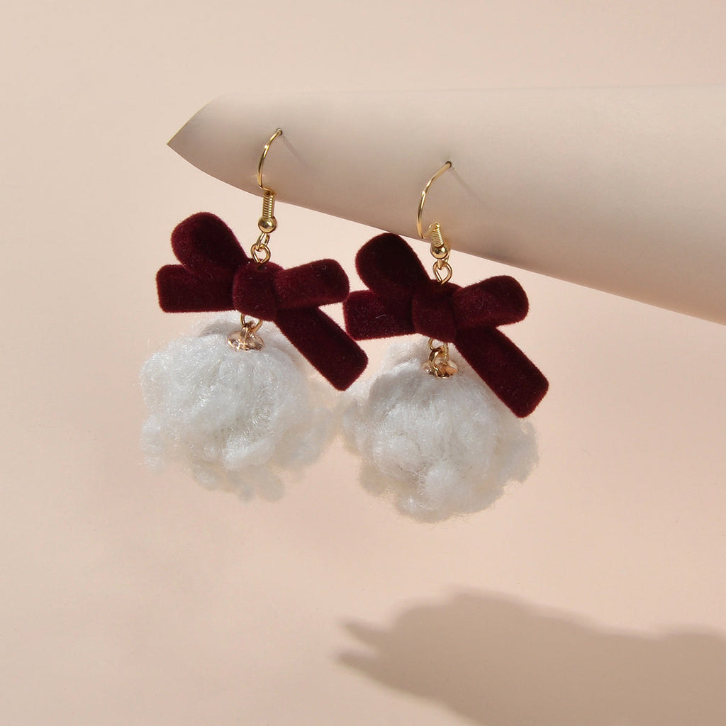Sweet Winered Velvet Bowknot White Ball Cotton Dangle Earrings Girls Dainty Gift
