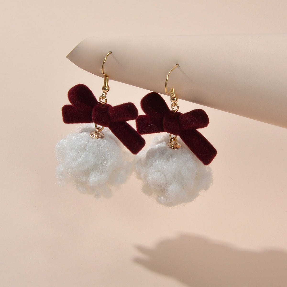 Sweet Winered Velvet Bowknot White Ball Cotton Dangle Earrings Girls Dainty Gift