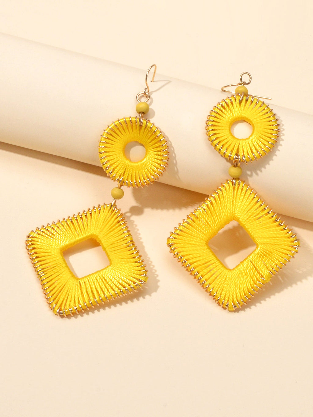 Ethnic India Jewelry Yellow Rope Braided Handmade Round Square Bohemian Earrings-2