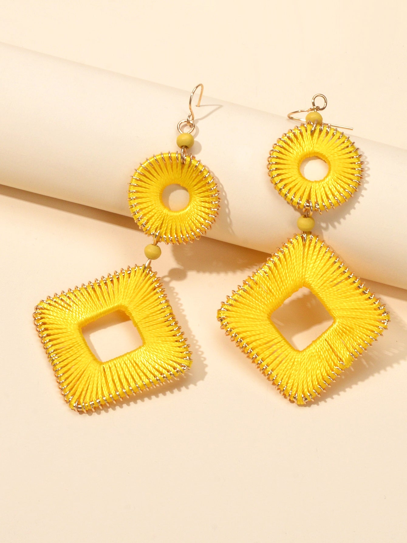 Ethnic India Jewelry Yellow Rope Braided Handmade Round Square Bohemian Earrings-2