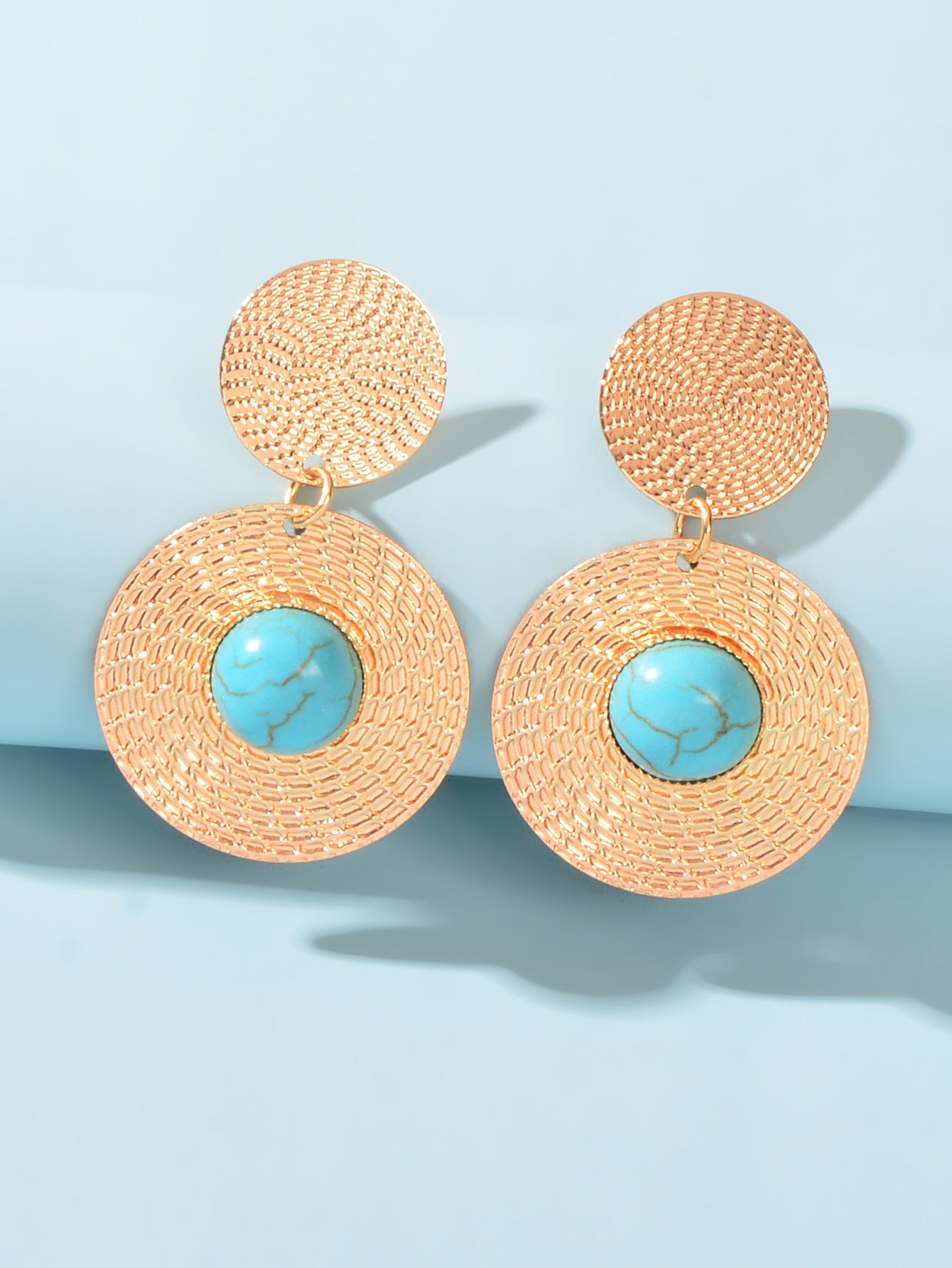 Bohemian Ethnic Style Turquoise Gold Round Disc Big Statement Vacation Earrings-2
