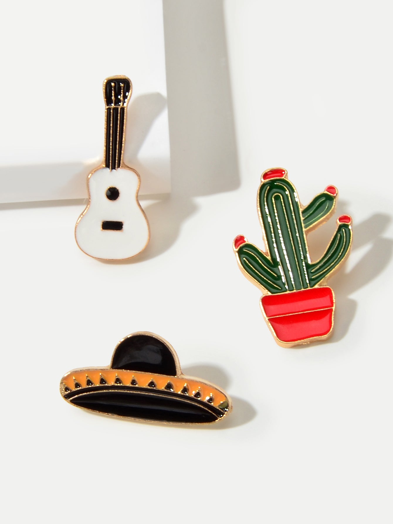 3 pcs Enamel Pin Set Lovely Guitar Cap Cactus Brooch Pins Decorative Lapel Badge-2