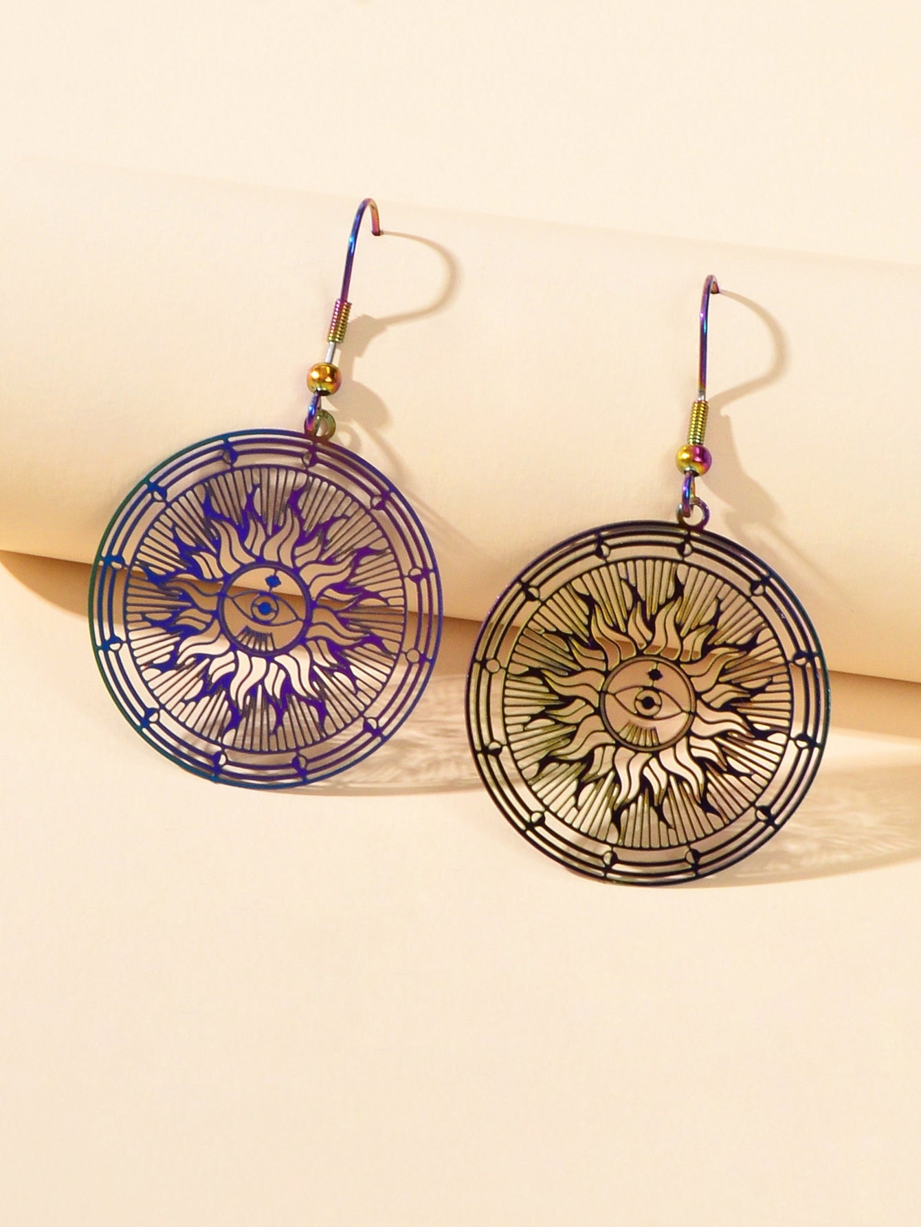 American Indian Ethnic Metal Hollow out Rouns Sun Eye Statement Dangle Earrings-2