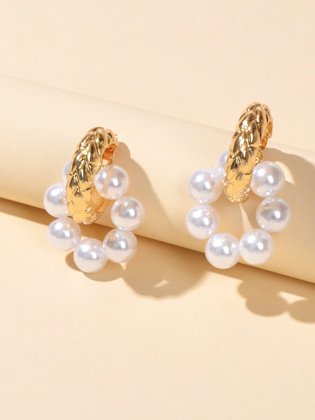 Wedding Engagement Gift Jewellery Gold Metal Pearl Hoop Stud Textured Earrings-2