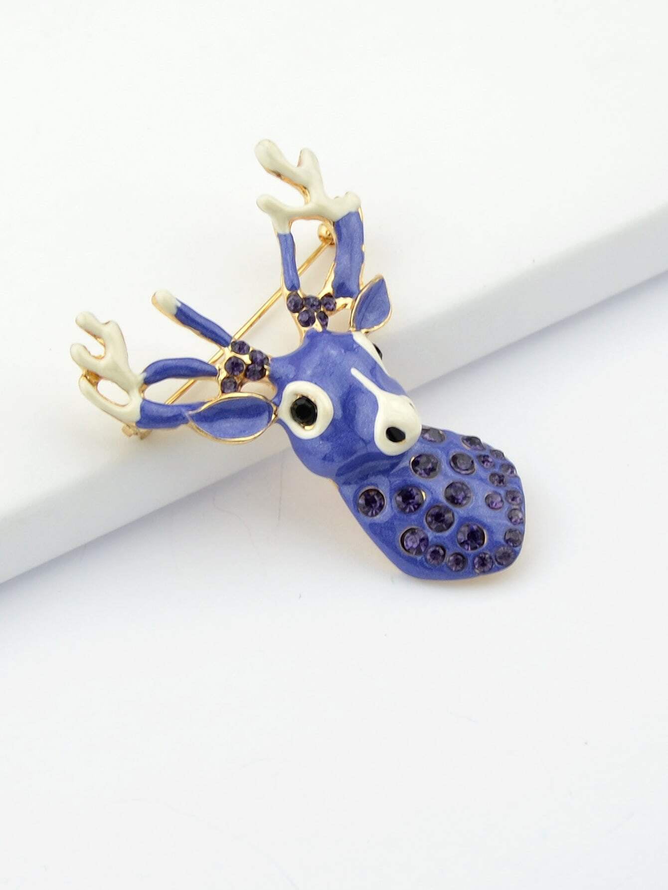 Delicate Xmas Jewellery Rhinestone Reindeer Brooch Purple Deer Head Animals Pin-2