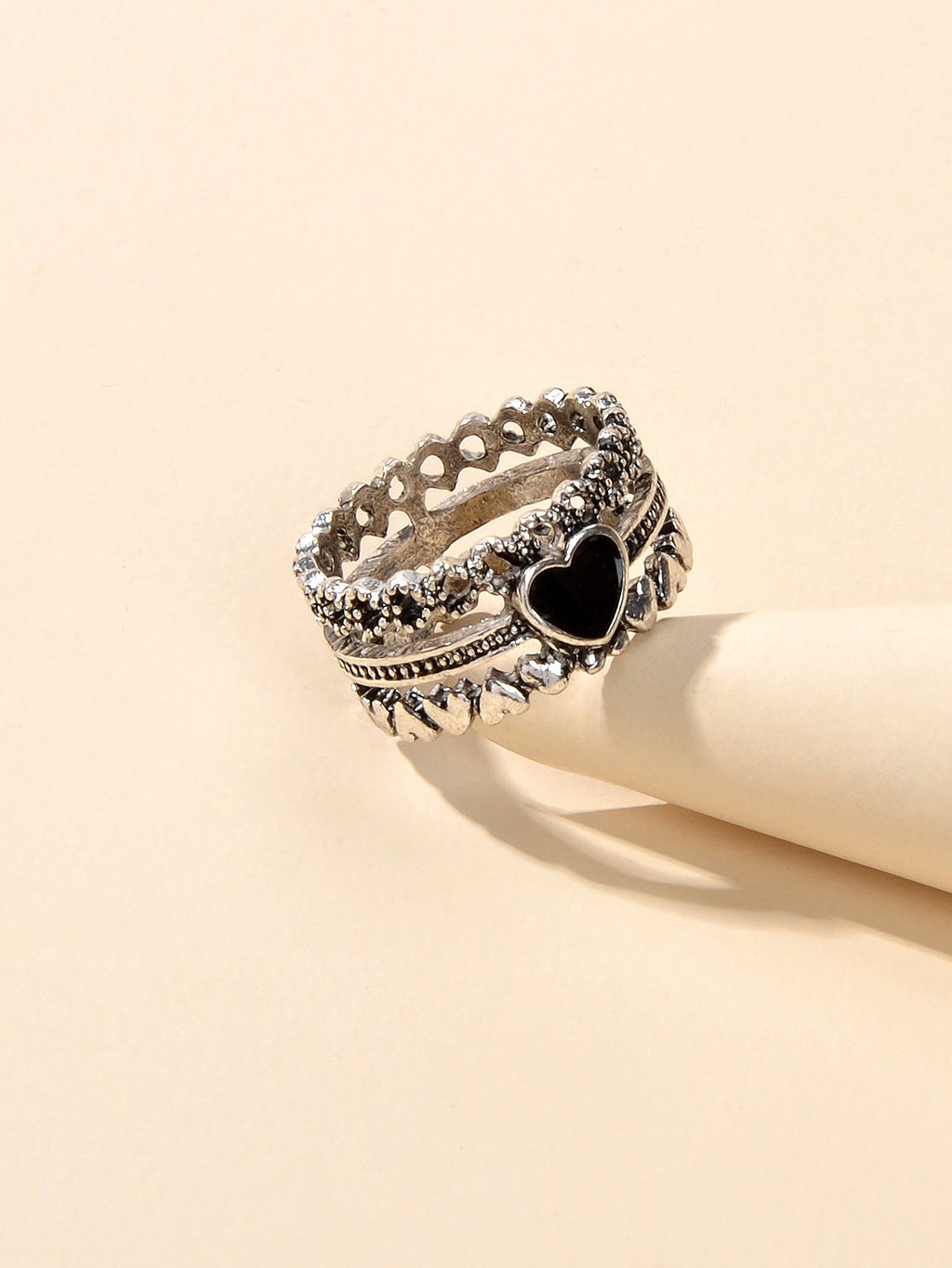 Vintage Antique Silver Black Enamel Love Heart Oxidized Intricate Stackable Ring