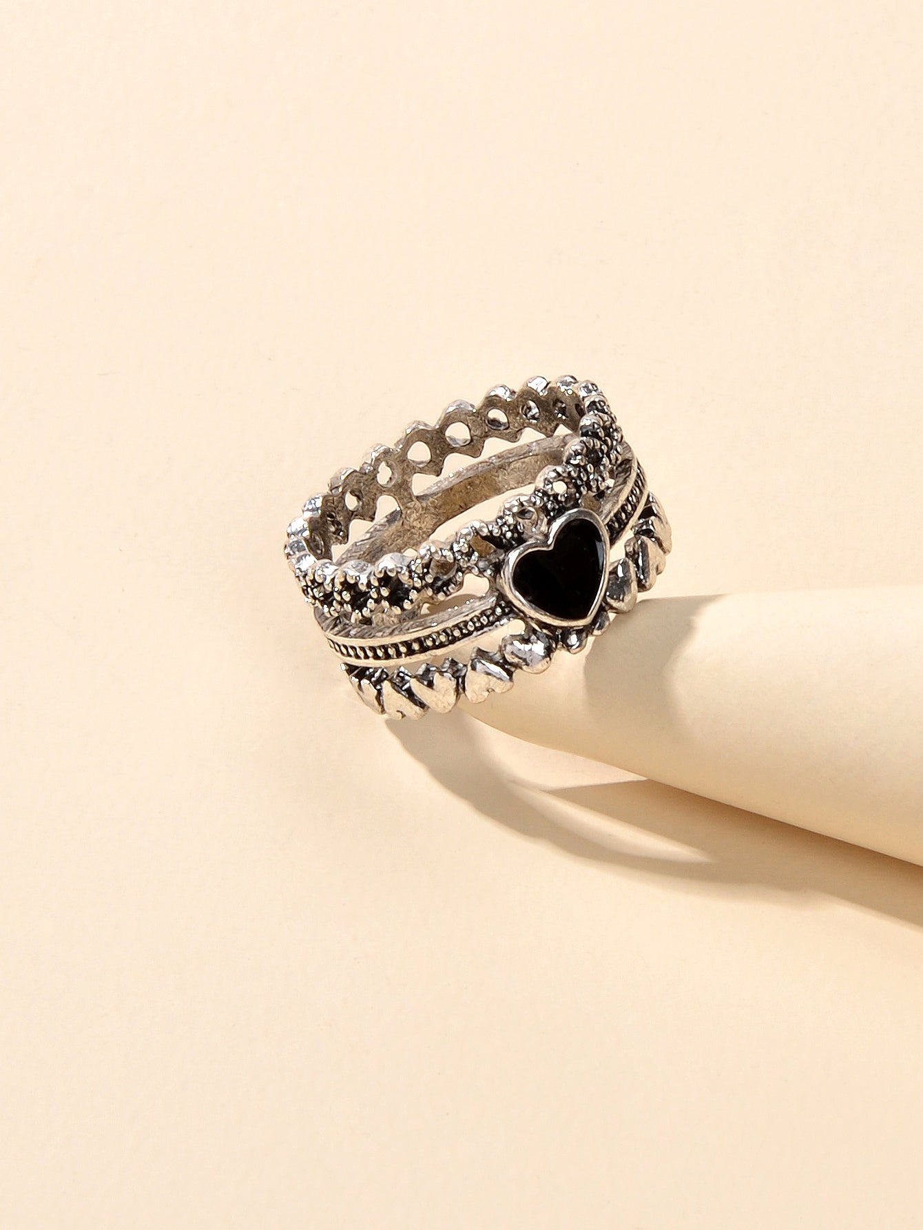 Vintage Antique Silver Black Enamel Love Heart Oxidized Intricate Stackable Ring