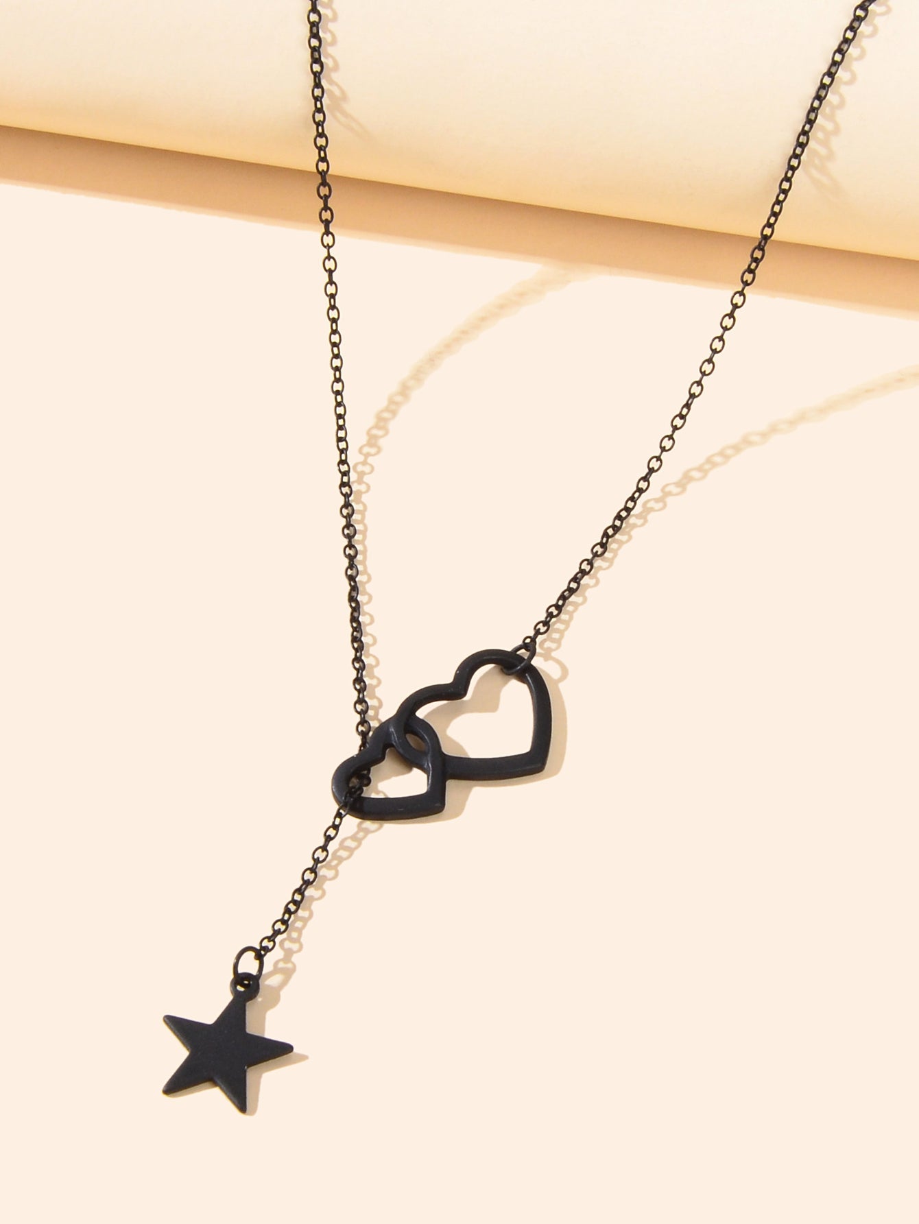 Black Chain Double Hearts Linked Star Pendant Y Lariat Necklace Clavicle Collar-2