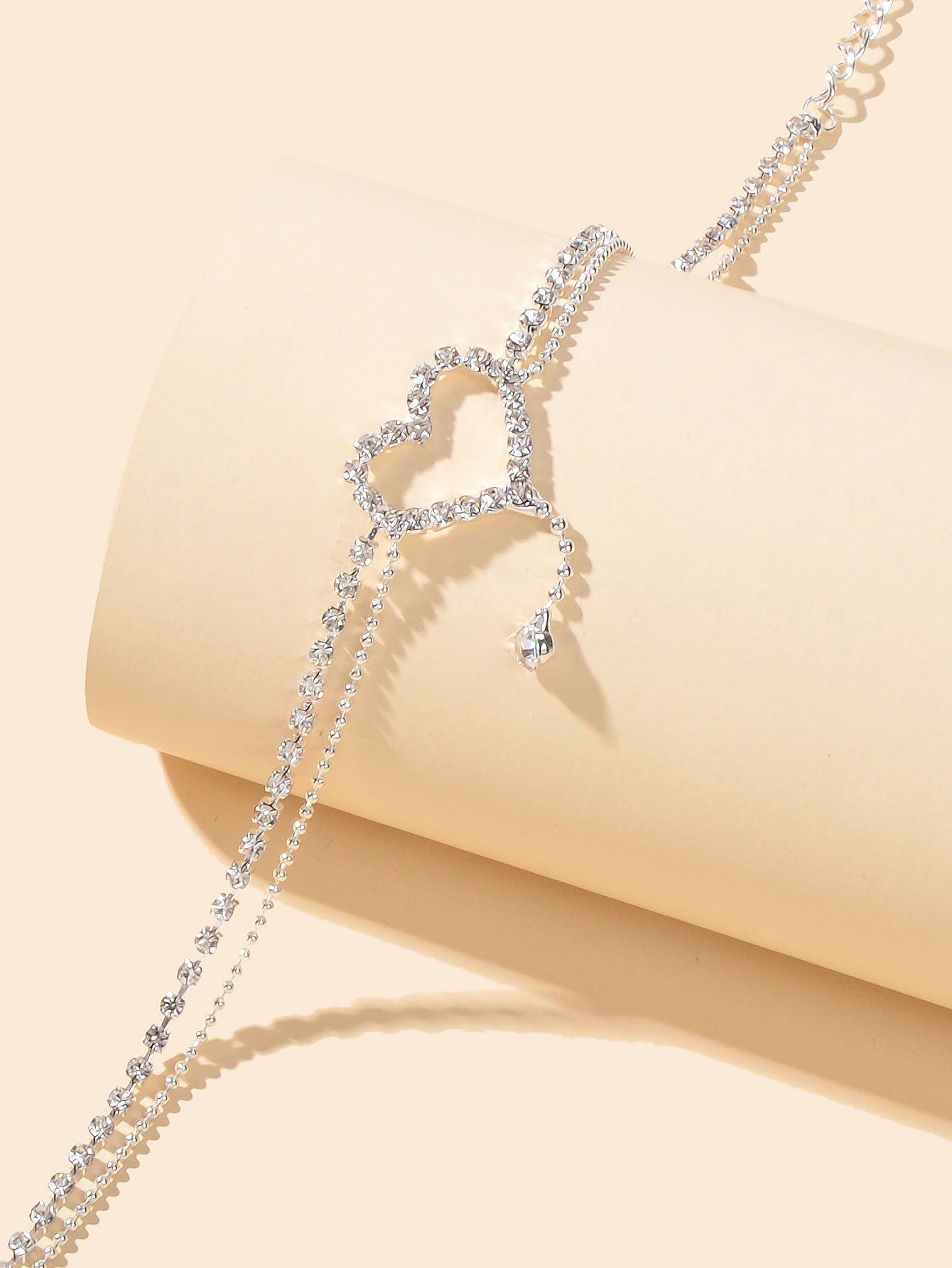 Shiny Double layer Silver Ball Chain Heart Charm Rhinestone Anklet Bracelet Gift-2