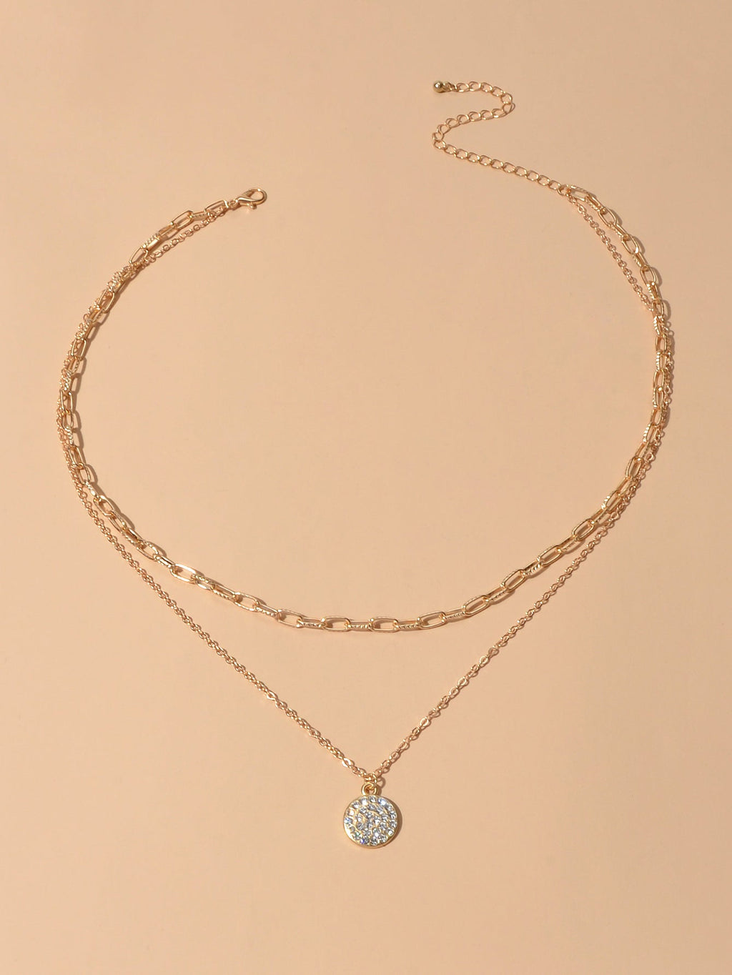 Female Jewellery Double layer Paperclip Gold Silver Chain Round Pendant Necklace-2