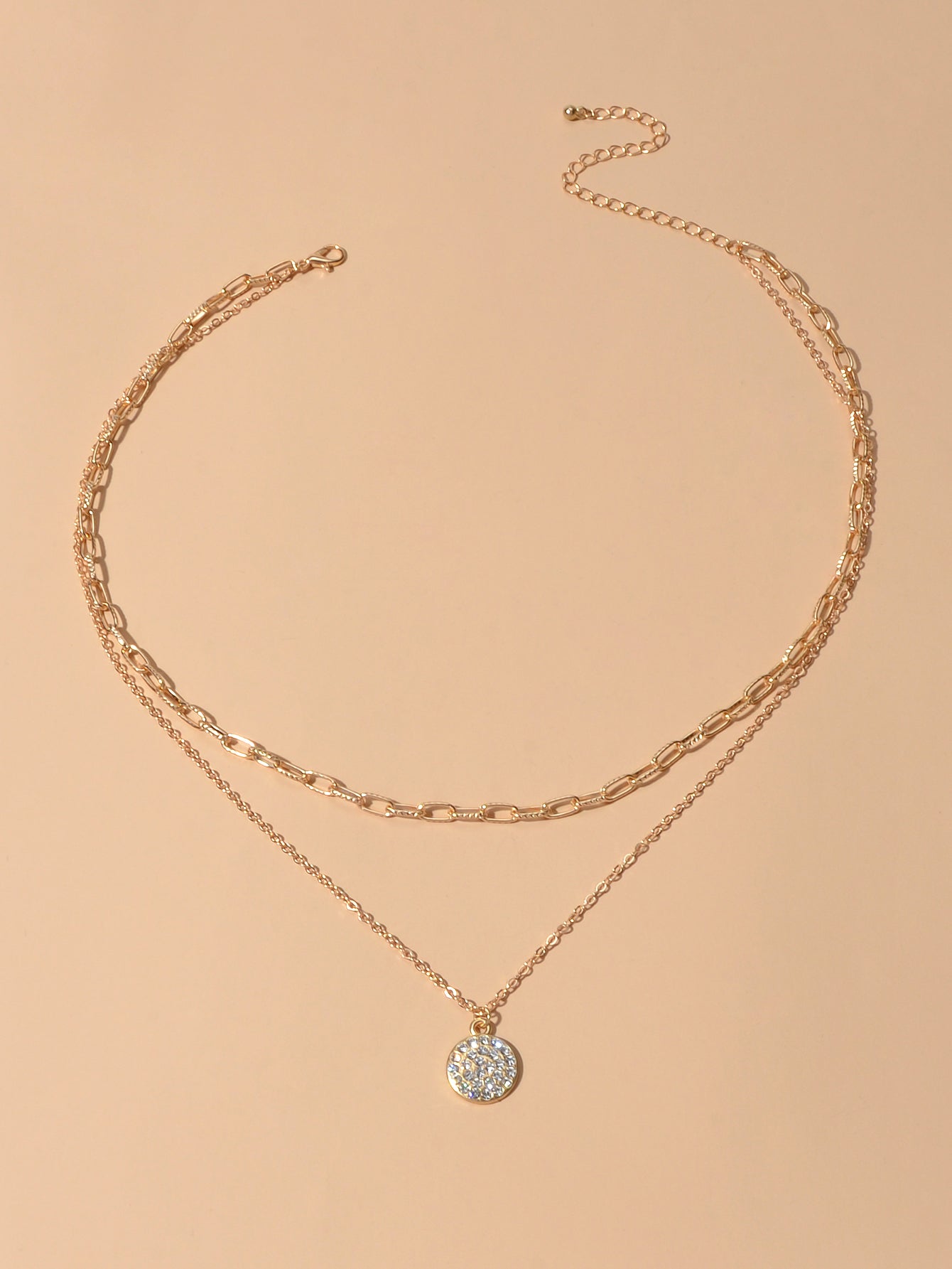 Female Jewellery Double layer Paperclip Gold Silver Chain Round Pendant Necklace-2