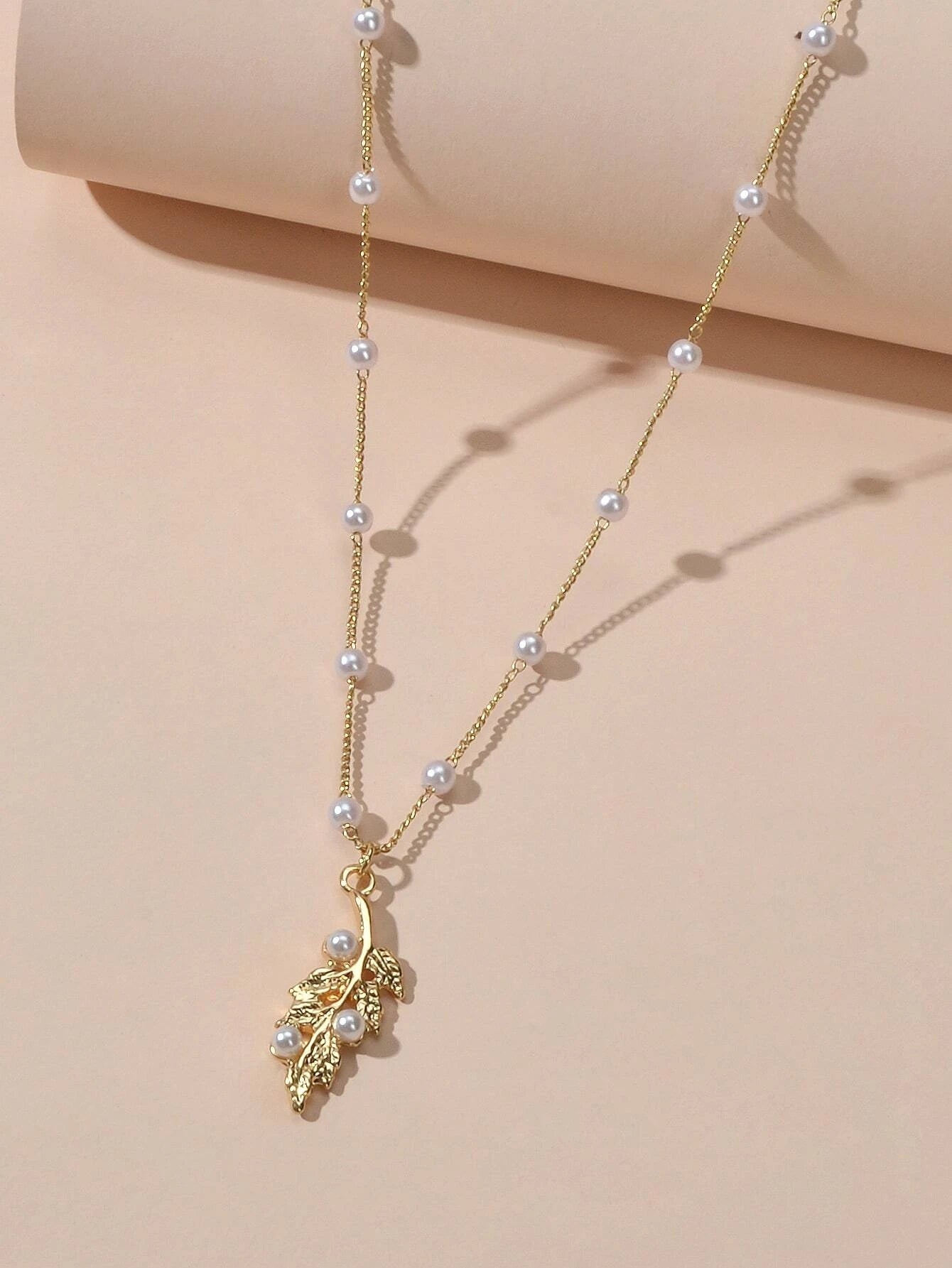 Feelontop Fashion Jewellery Pearl Gold Leaf Pendant Necklace Women Accessories-2