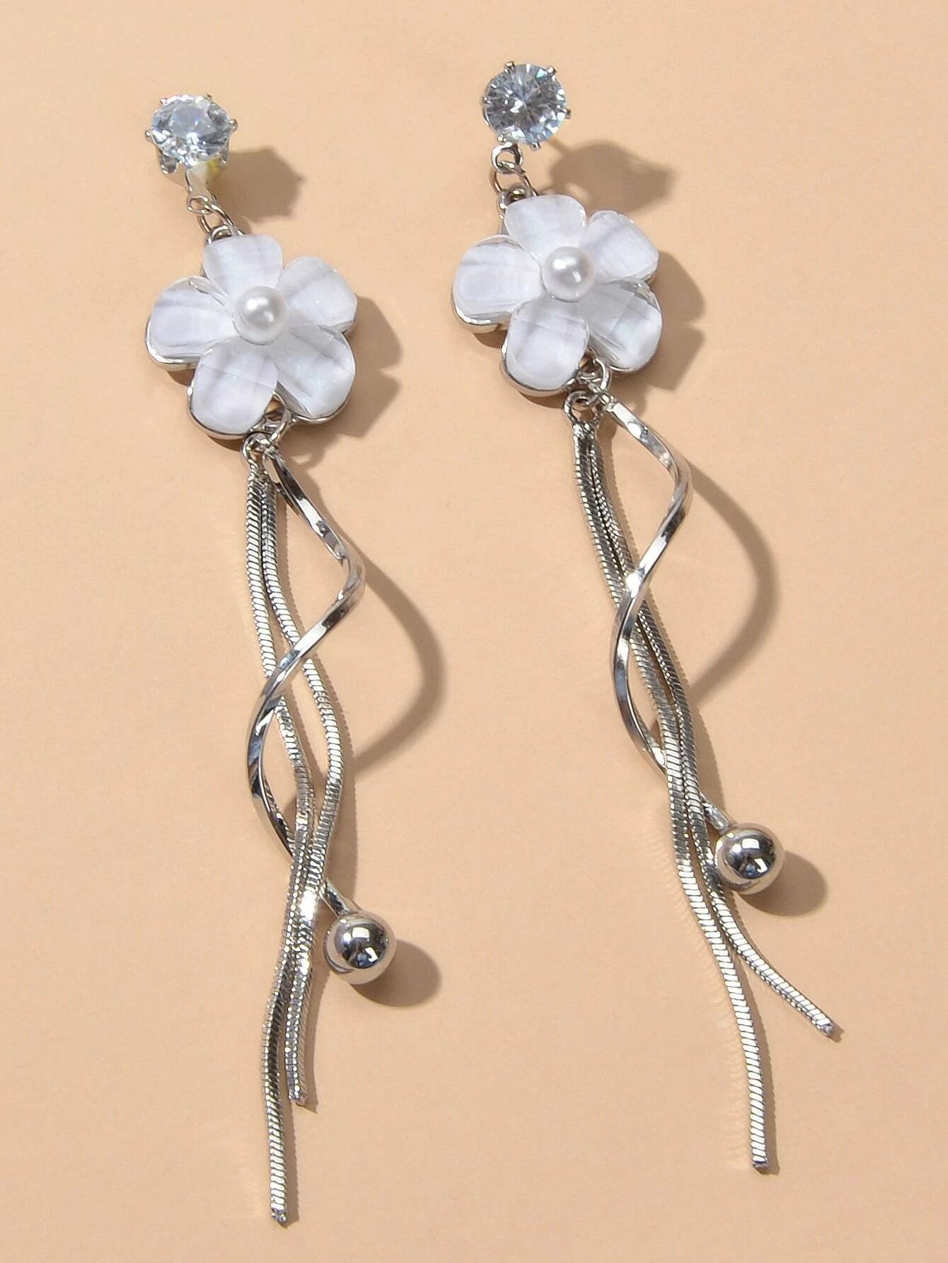 Fashion White Flower Silver Tassel Drop Dangle Earrings for Women Jewellery Gift-2