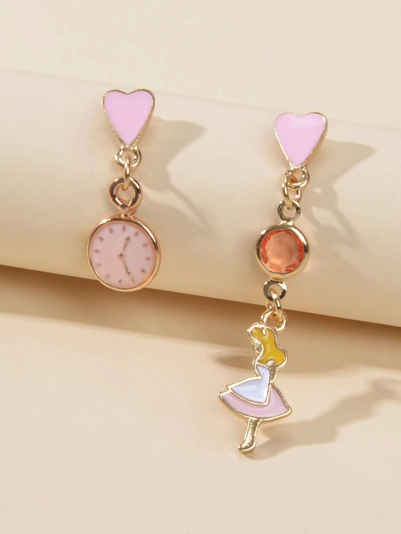 Cartoon Pink Heart Clock Dancer Asymmetric Drop Earrings Women Girls Dainty Gift-2