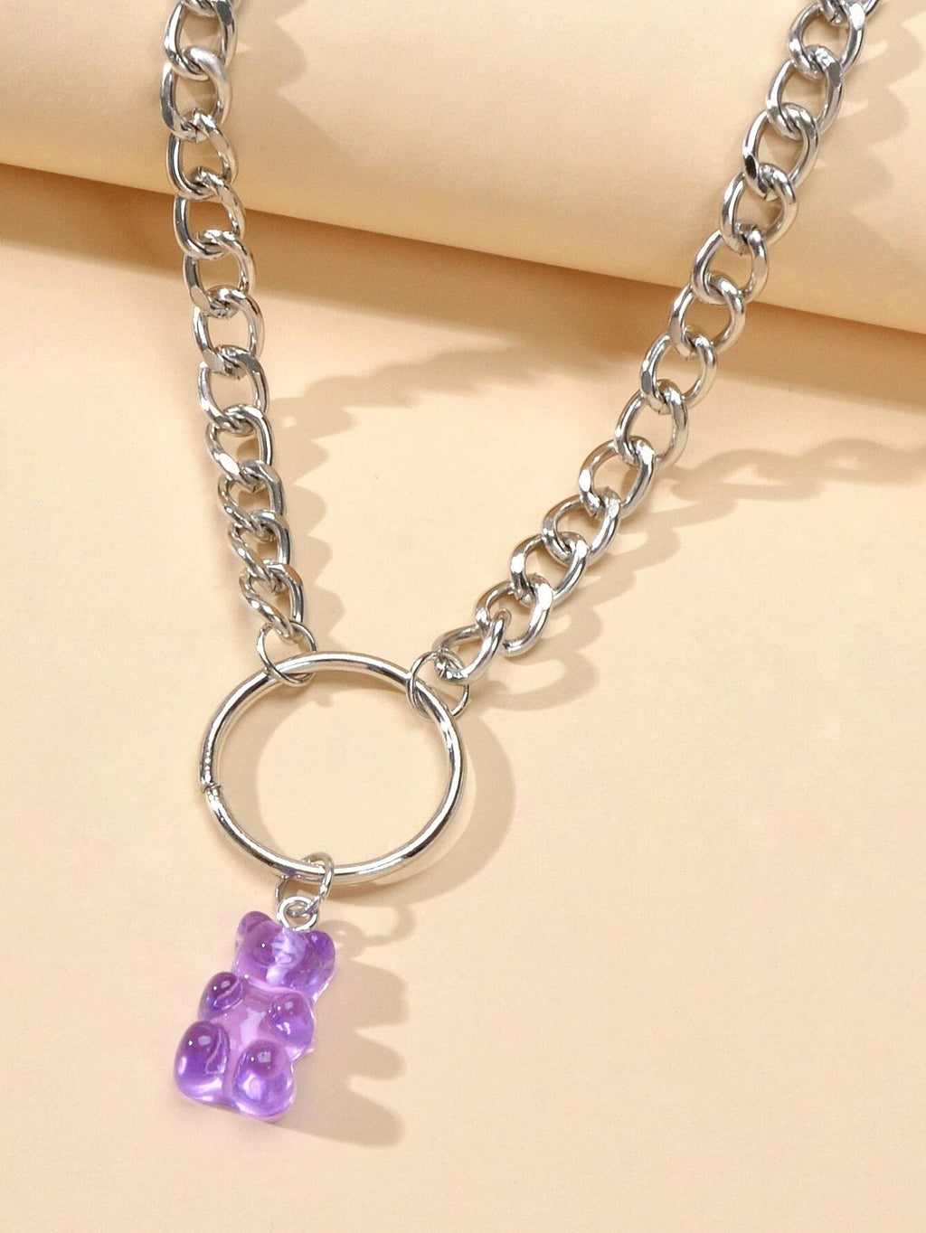 Lovely Jewellery Silver Chain Circle Purple Bear Pendant Necklace Accessories