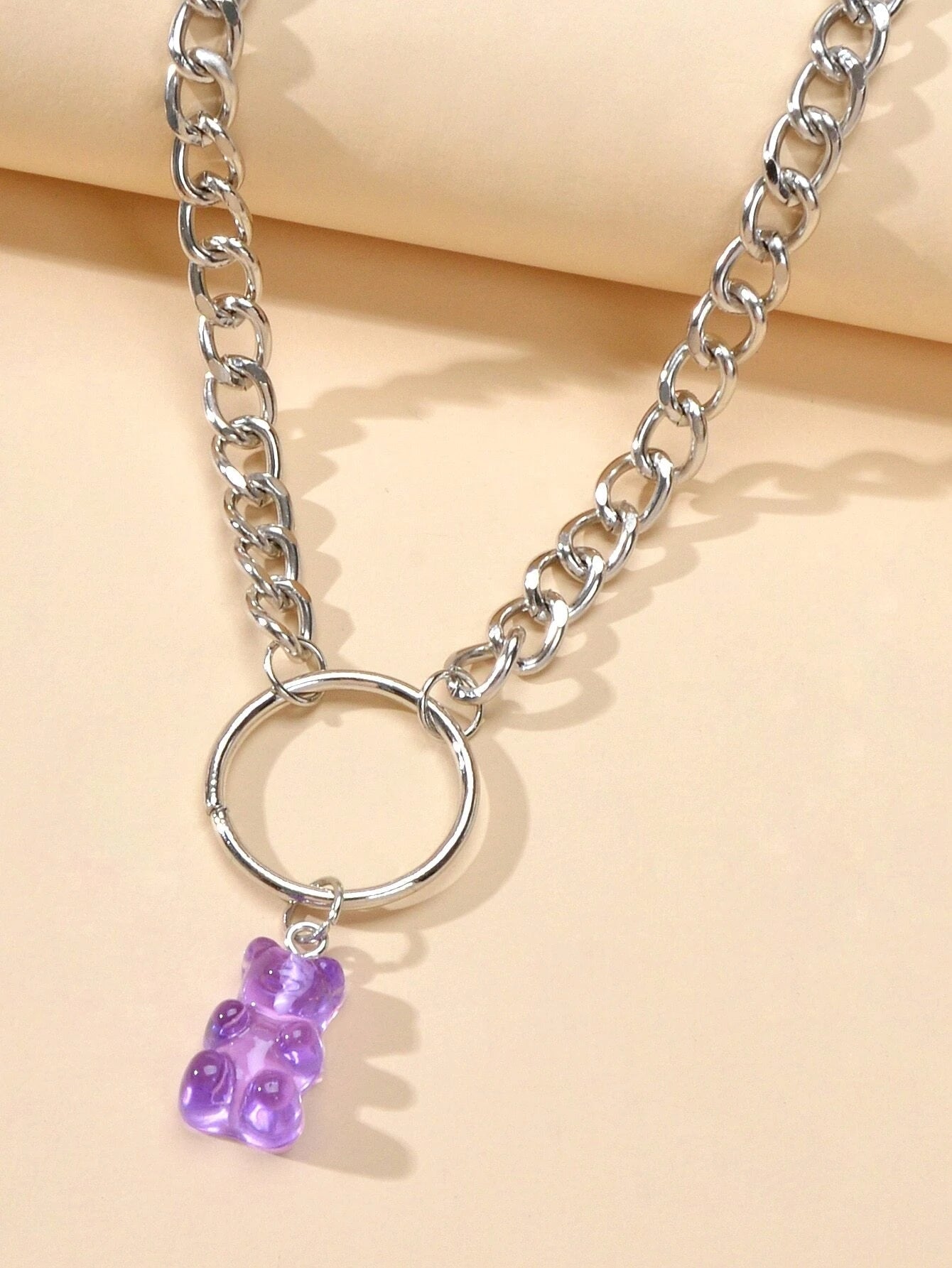 Lovely Jewellery Silver Chain Circle Purple Bear Pendant Necklace Accessories