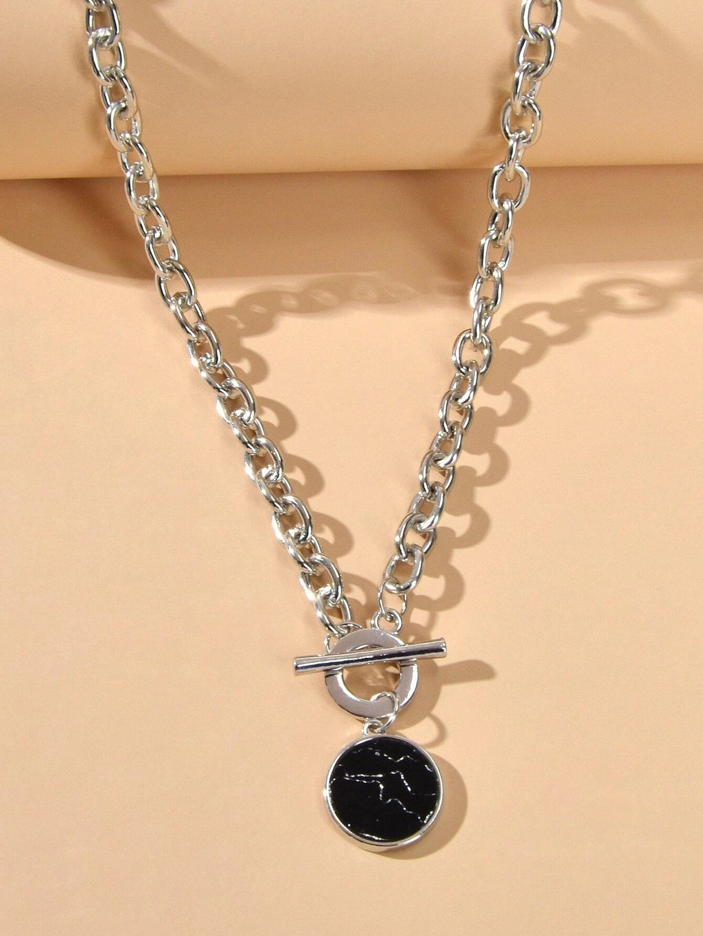 Punk Jewelry Chunky Silver Chain Black Marble Round Pendant Necklace Accessories-2