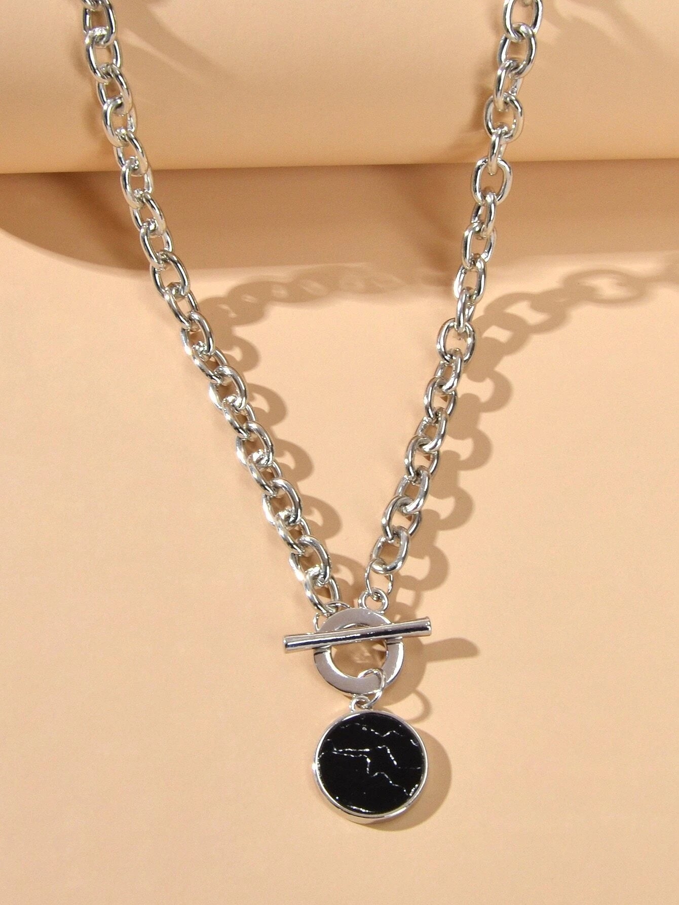 Punk Jewelry Chunky Silver Chain Black Marble Round Pendant Necklace Accessories-2