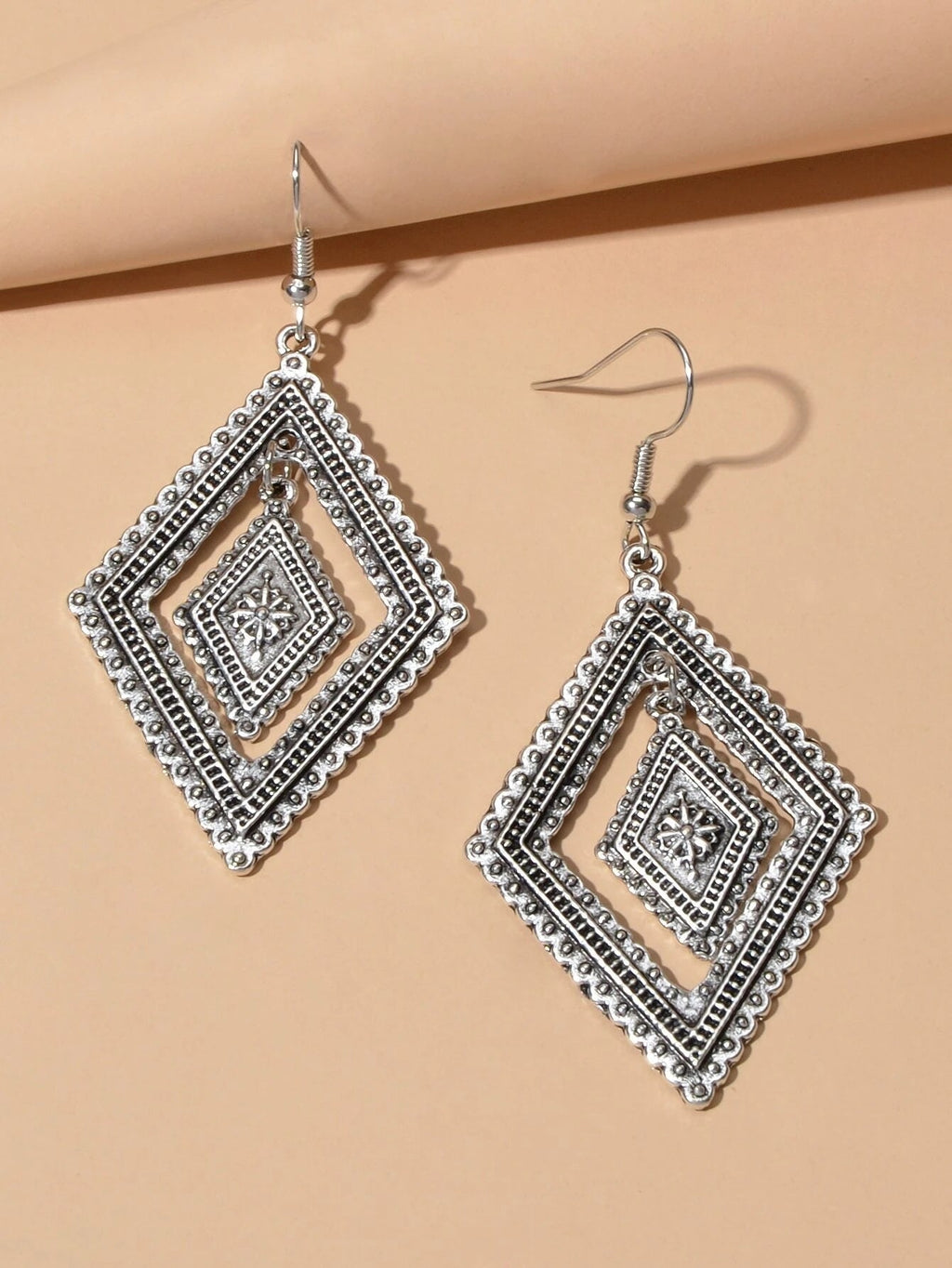 Tribal Ethnic Vintage Women Antique Silver Rhombus Geometric Dangle Earrings-3