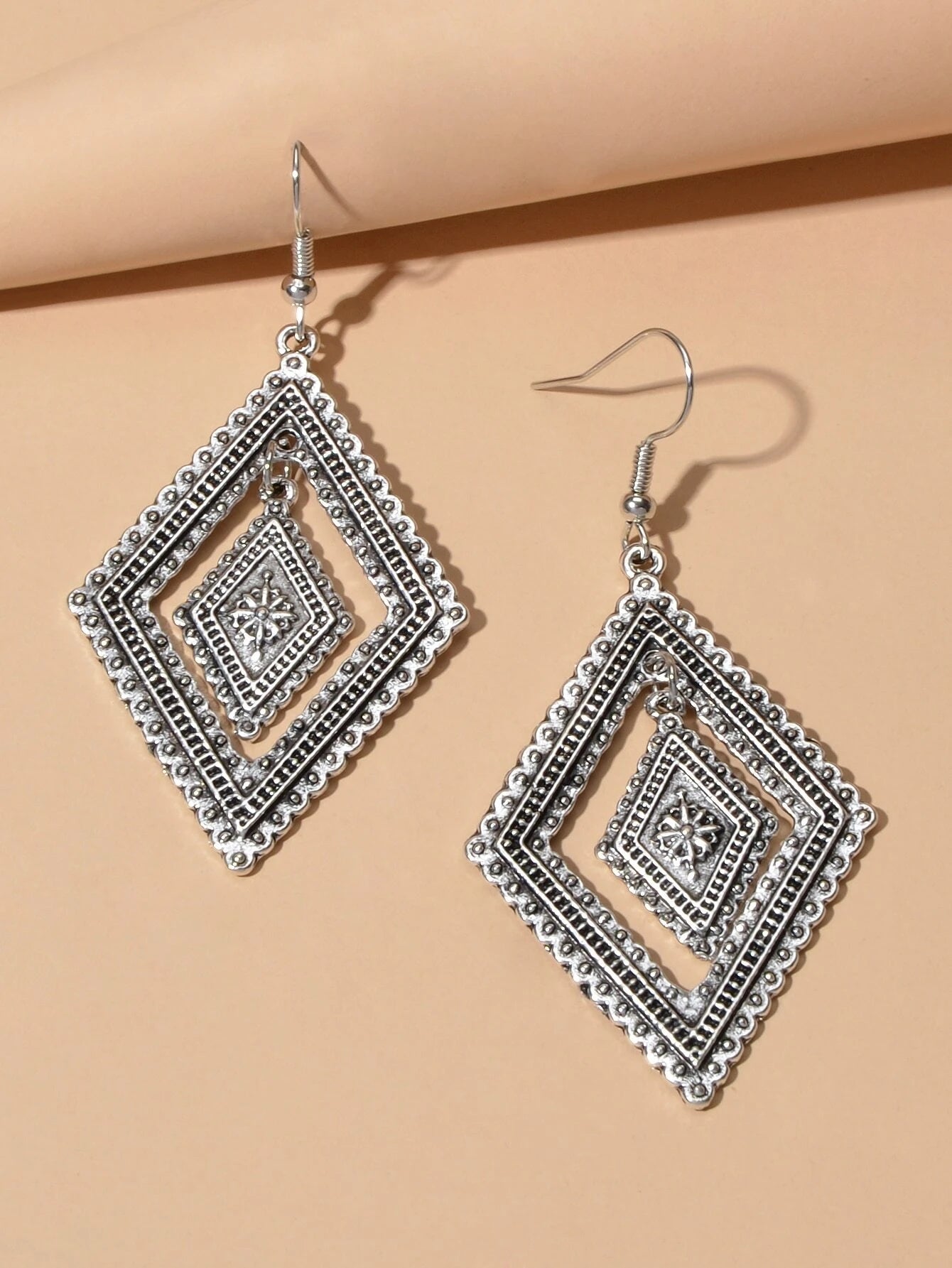 Tribal Ethnic Vintage Women Antique Silver Rhombus Geometric Dangle Earrings-3
