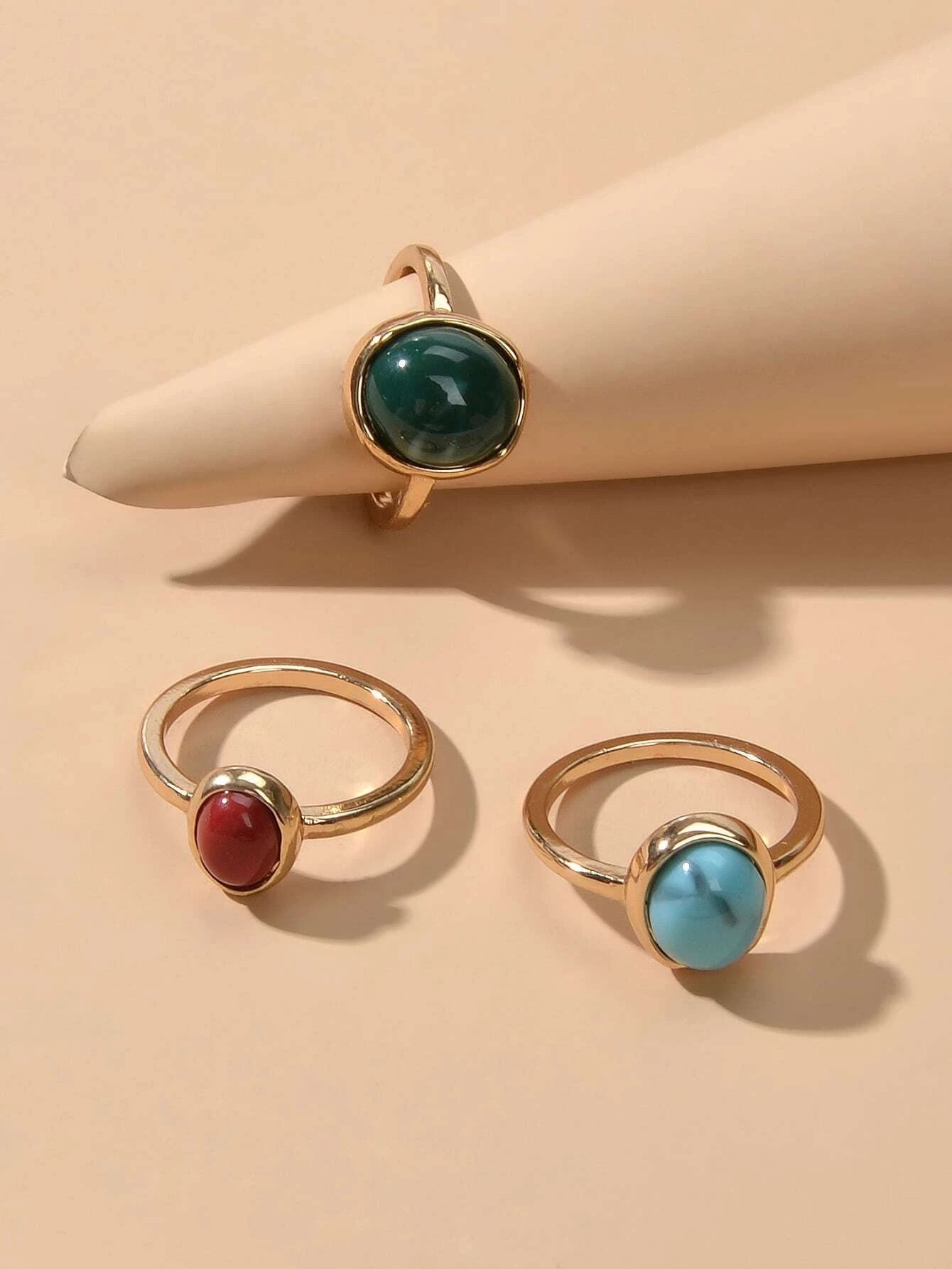Feelontop 3pcs Tribal Ethnic Turquoise Colorful Dome Finger Ring Boho Jewellery-2