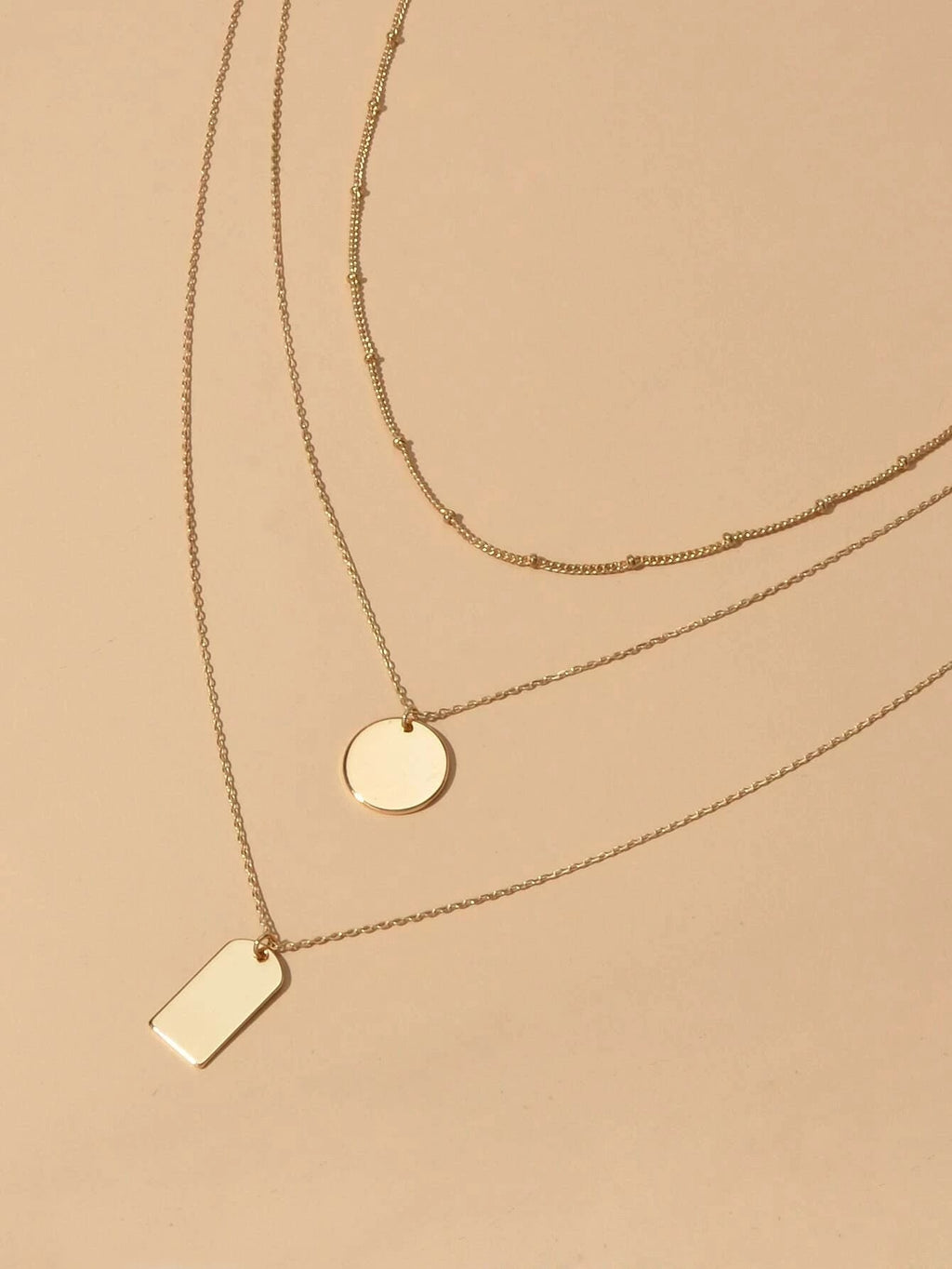3pcs Multi-layer Gold Tone Chain Round Square Pendant Necklace Girls Teens Gift-3