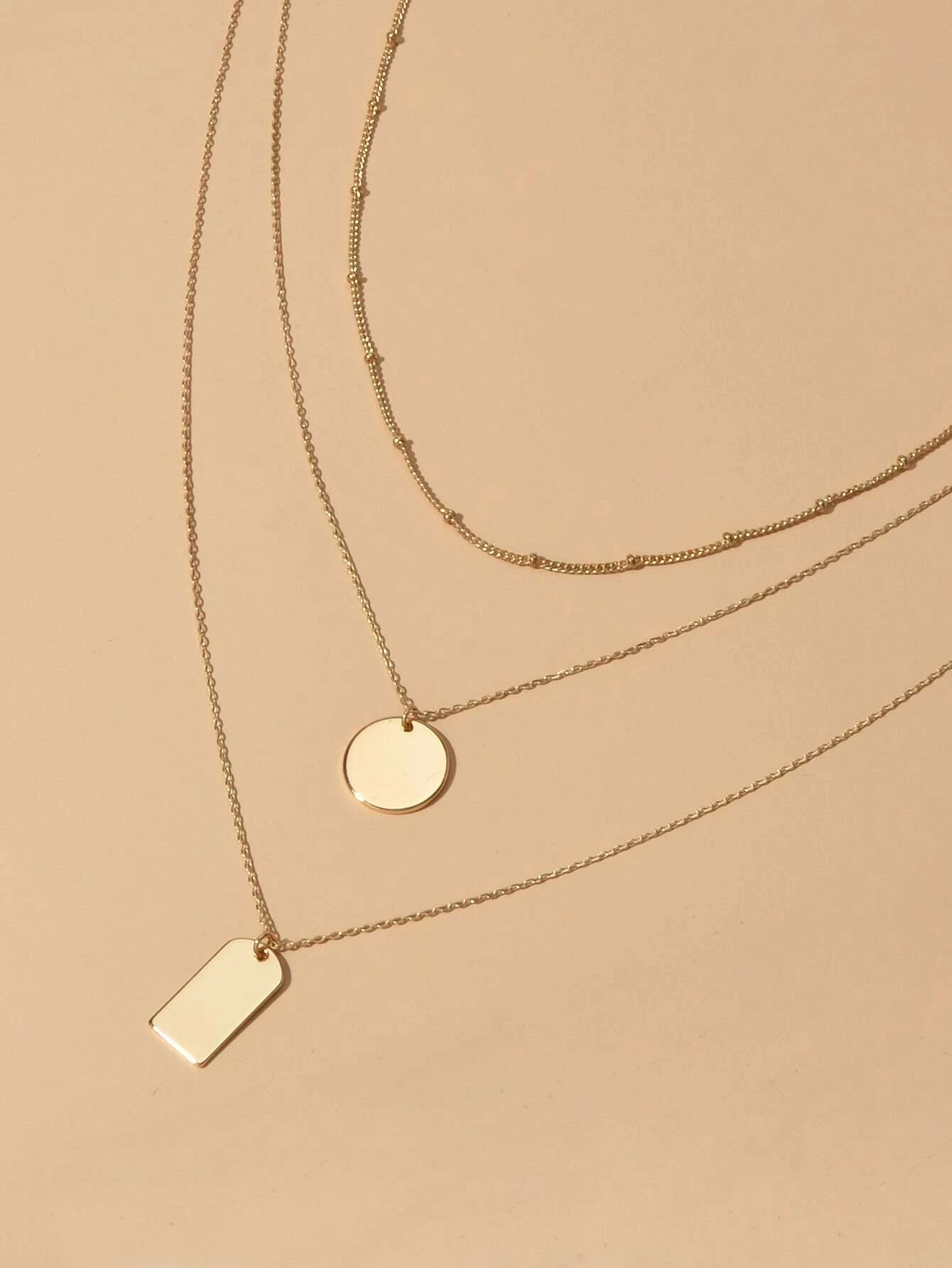 3pcs Multi-layer Gold Tone Chain Round Square Pendant Necklace Girls Teens Gift-3