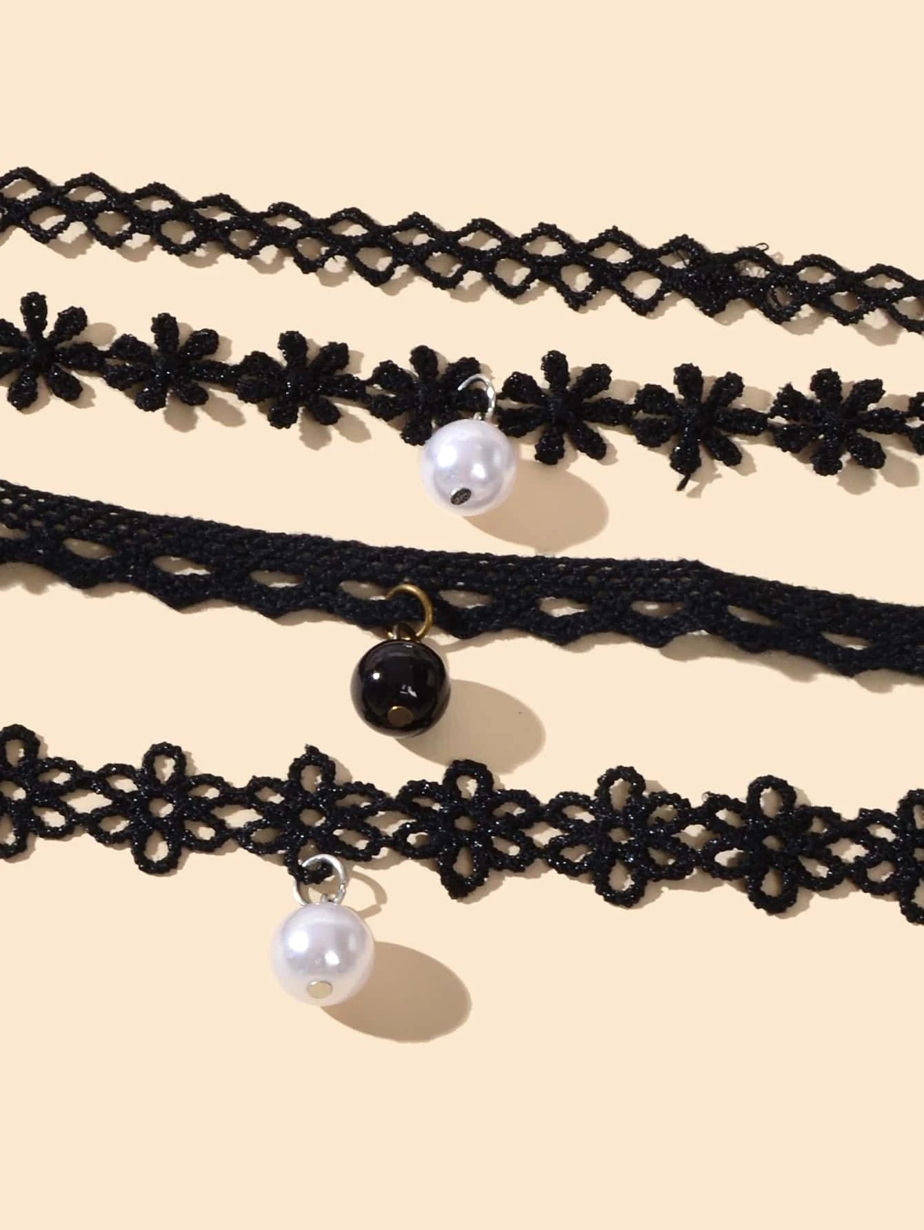 Black Elastic 4pcs Lace Flower Boho Gothic 90s Tattoo Choker Triangle Collar-2
