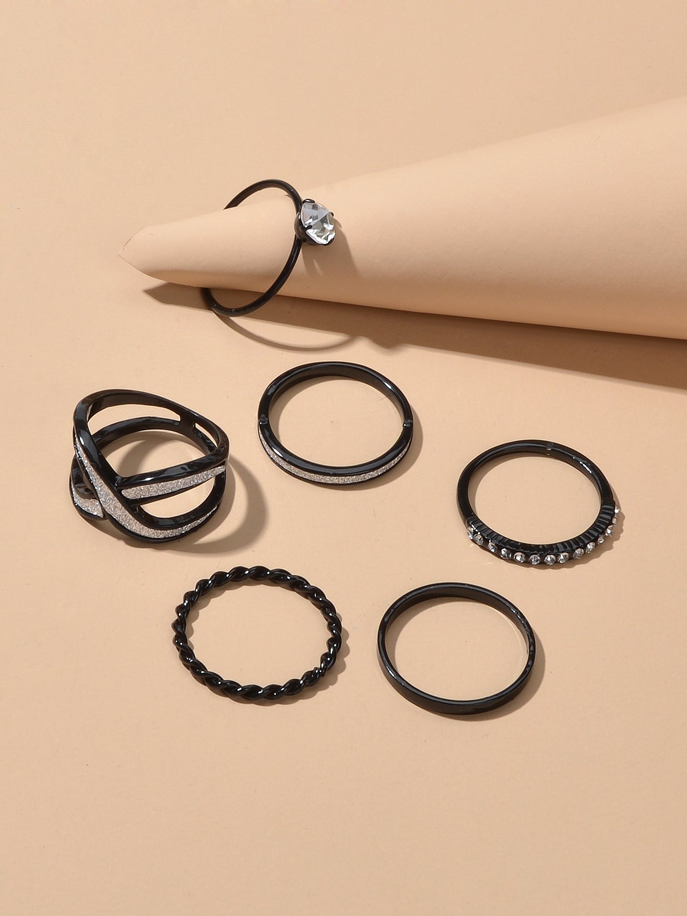6pcs Stackable Rhinestone Black Midi Finger Knuckle Rings set Wedding Party Wear-3